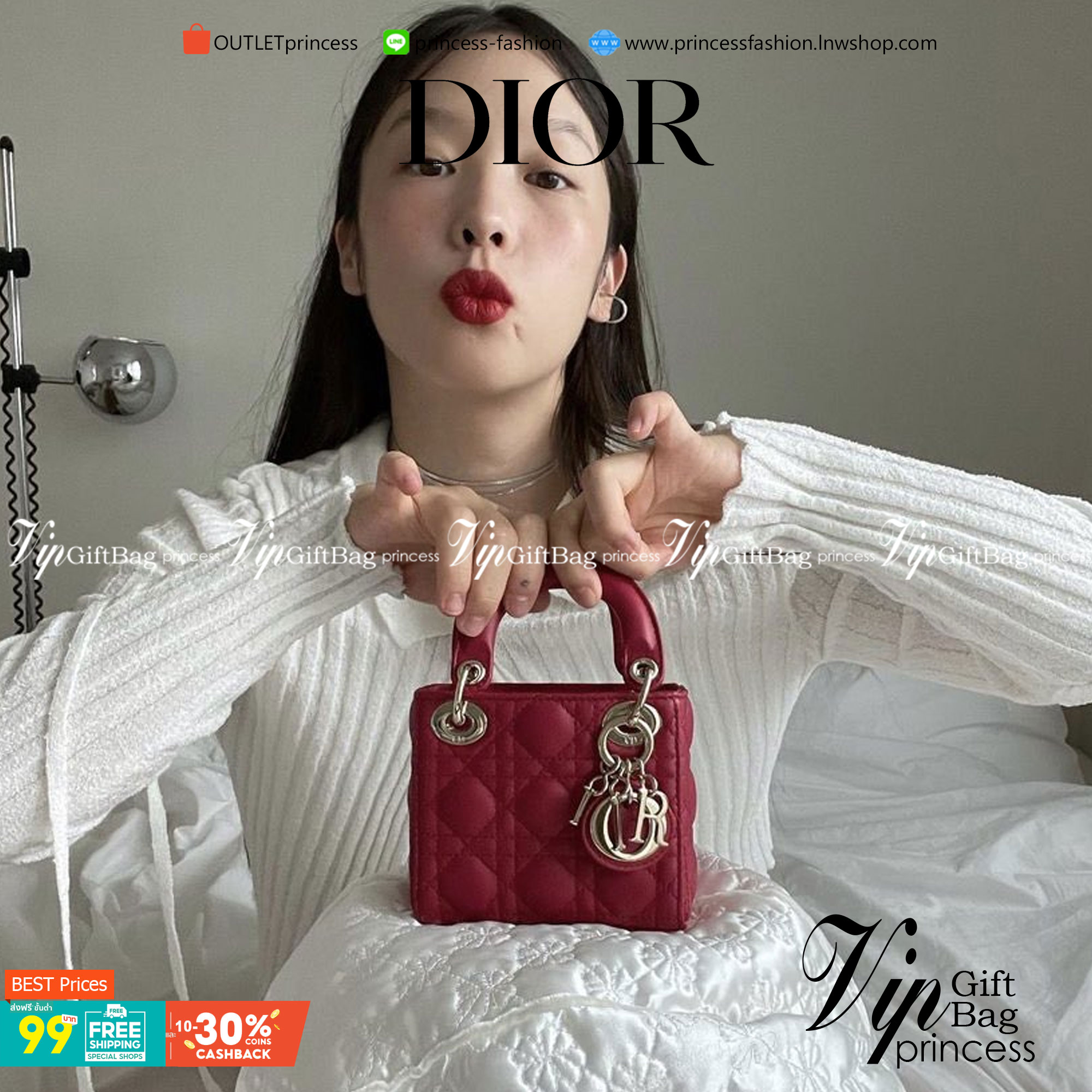 VIP 】หนังแท้ CHRISTIAN DIOR MICRO LADY DIOR BAG Cannage Lambskin