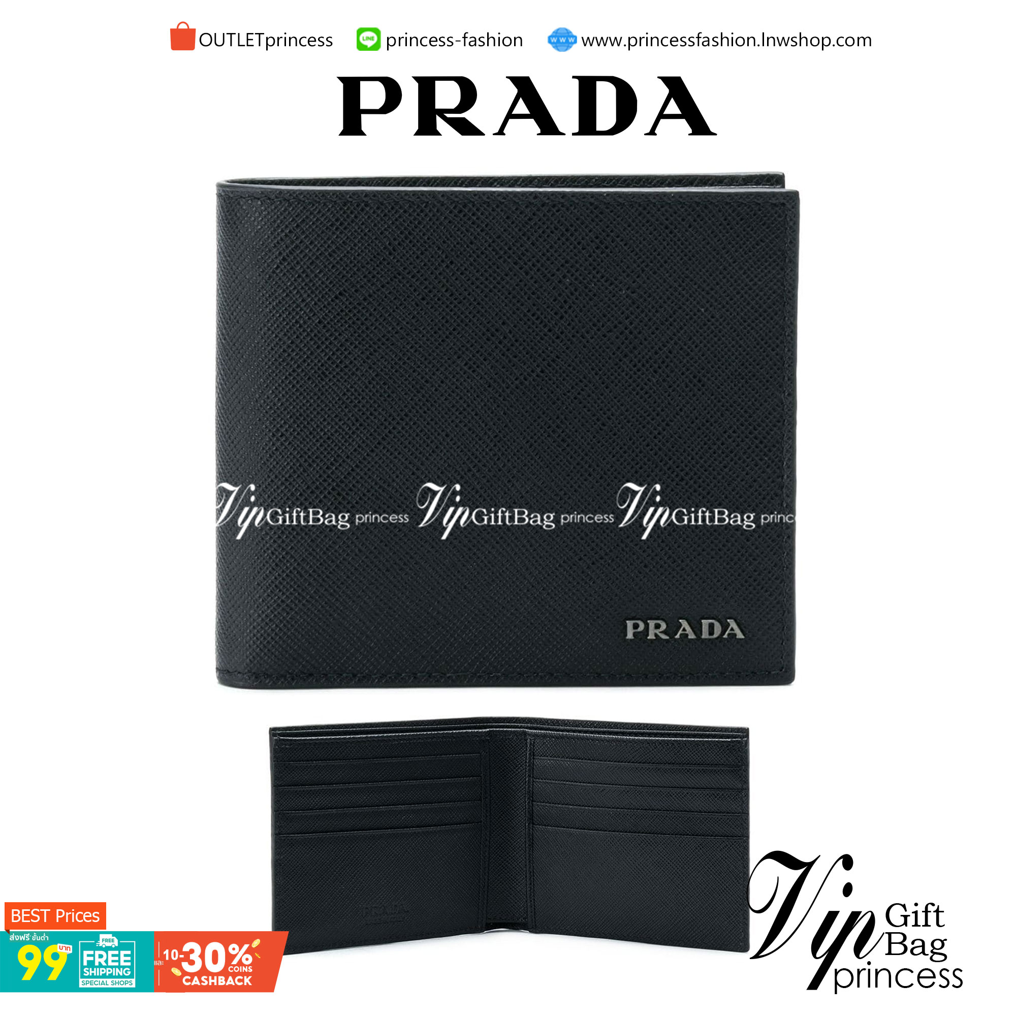 VIP หนังแท้ 】PRADA logo bifold men wallet