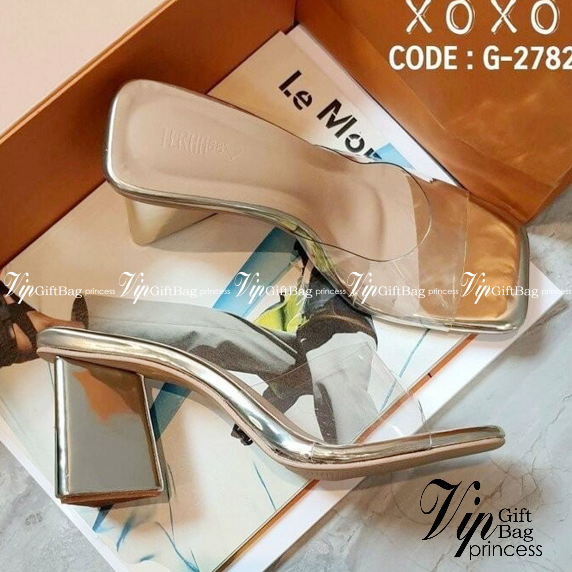 รองเท้างานสวม คัชชู สวย เรียบหรู ด้านบนคาดพลาสติกใสเนื้อนุ่ม ส้นทรง 3 เหลี่ยม สวย เก๋ ไม่เมื่อยเวลาใช้งาน ใส่สบาย แมทส์ชุดง่าย วัสดุหนังกระจกสีเมทัลลิค