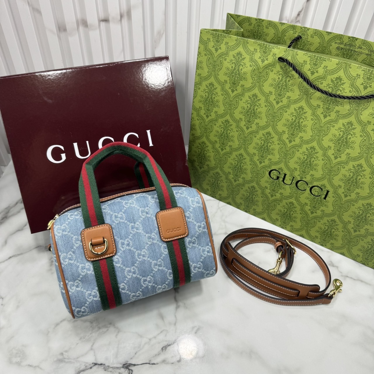 ORI หนังแท้ | Gucci Mini GG handbag denim กระเป๋าสะพายทรงหมอนไซส์มินิ คอลใหม่ดีไซน์เดนิมสวยมาก ตีความรูปทรงกระเป๋าบอสตันโฉมใหม่