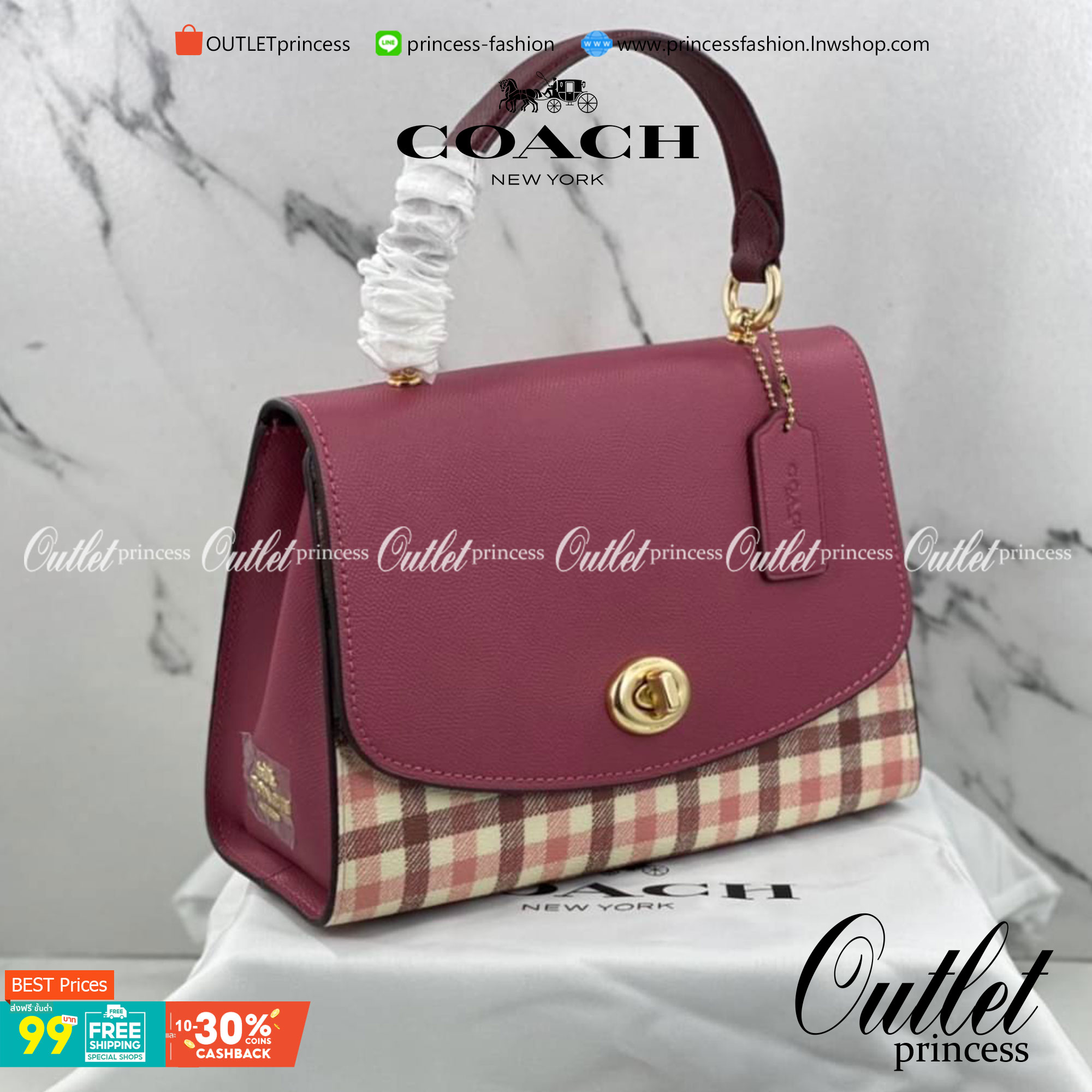 COACH TILLY TOP HANDLE SATCHEL WITH GINGHAM PRINT (COACH F76615) BROWN PINK MULTI/GOLD