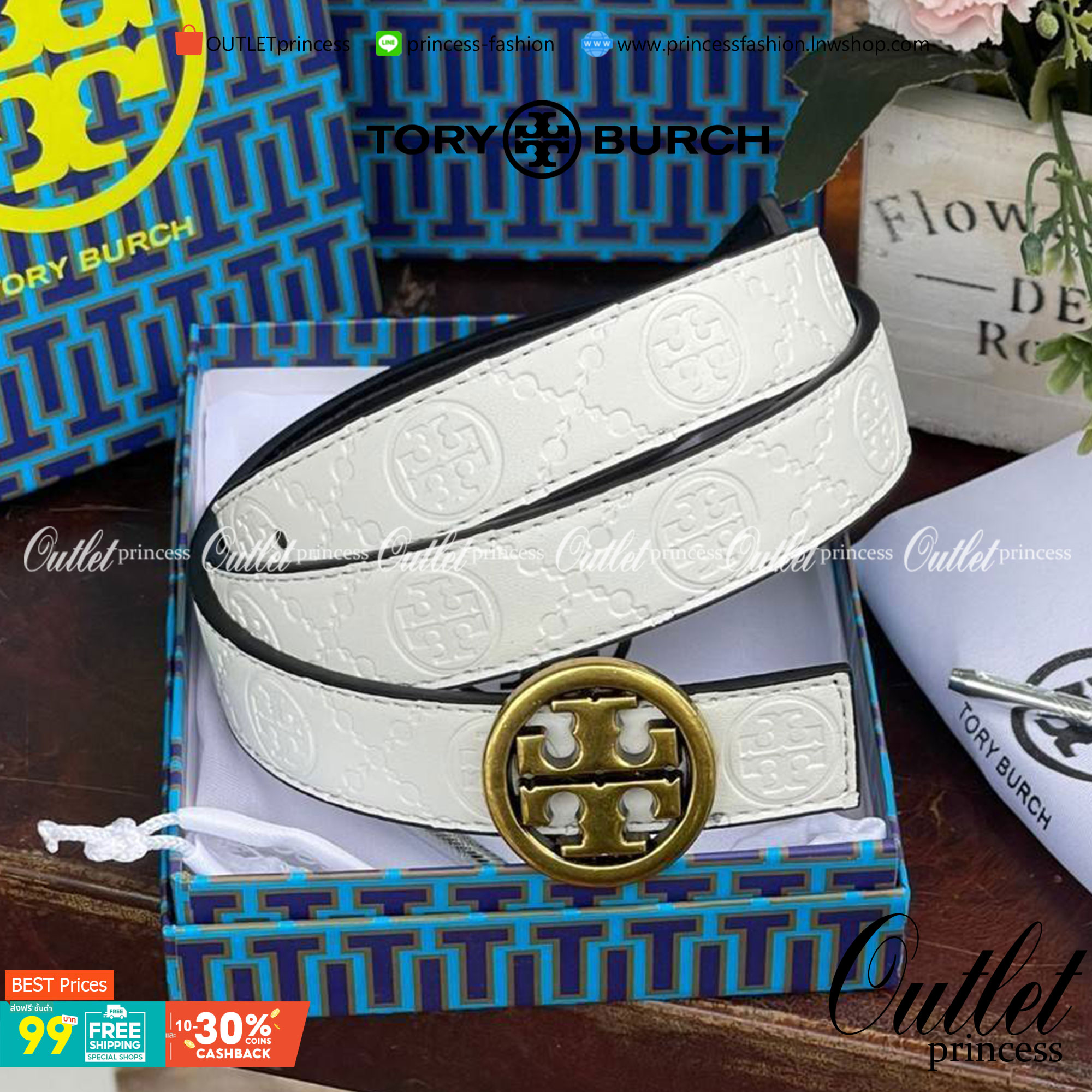 Tory burch Midnight with Tag Logo Monogram Embossed Leather Belt เป็นเข็มขัดที่ตอบโจทย์ของคุณได้อย่างลงตัวทุกสไตล์การแต่งตัว ไม่ว่าจะใส่คู่กับเดรสหรือกางเกงยีนส์ก็ดูดีทีเดียว เพราะหัวเข็มขัดโดดเด่นด้วยดีไซน์ทรงกลมรูป Double T ที่เป็นสัญลักษณ์ประจำแบรนด์ ส