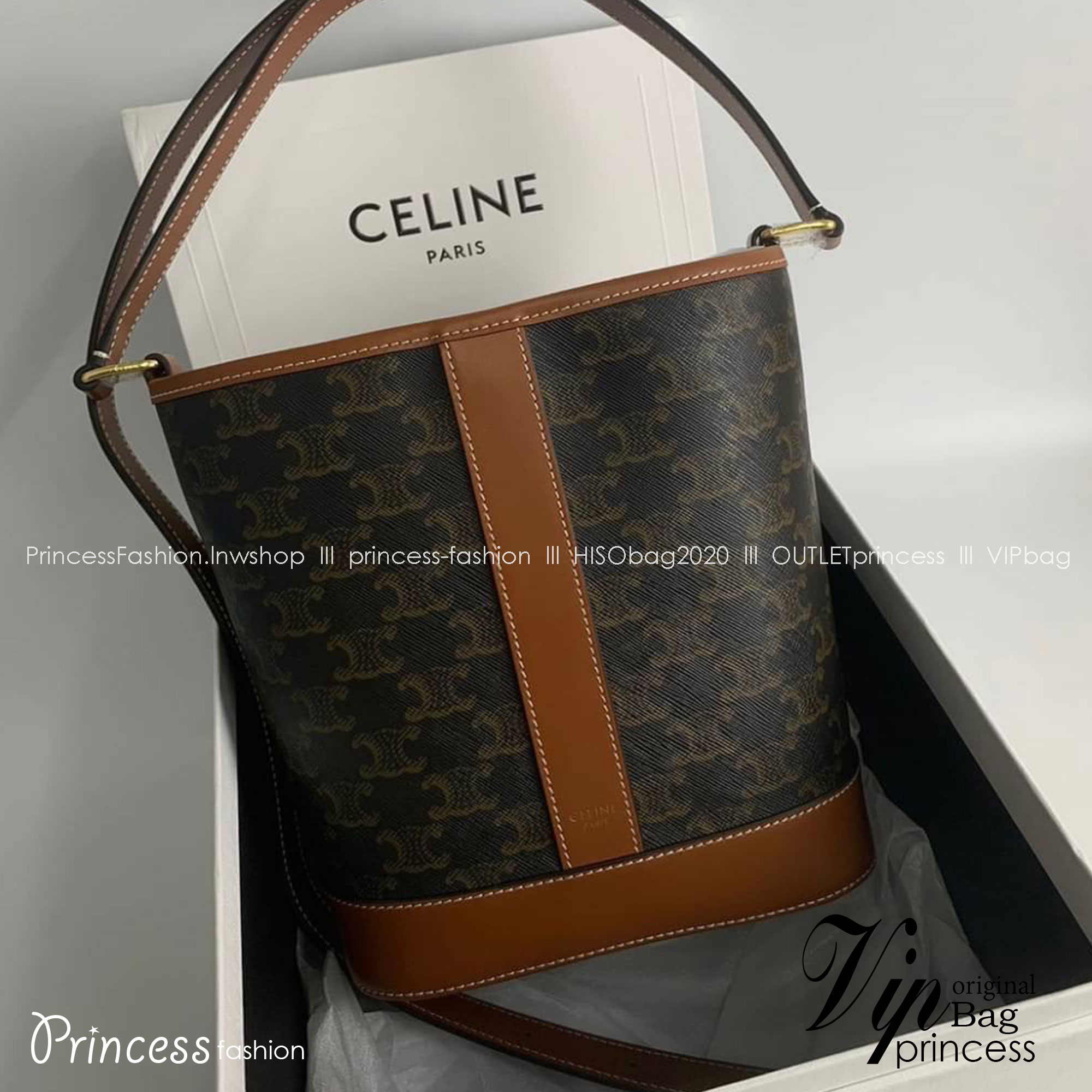 CELINE SMALL BUCKET IN TRIOMPHE CANVAS AND CALFSKIN เกรดท็อปออริ 1:1 เกรดดีสุด สลับแท้ หนังแท้และแคนวาสแท้ ใช้งานต่างประเทศได้ ภาพถ่ายจากงานจริง