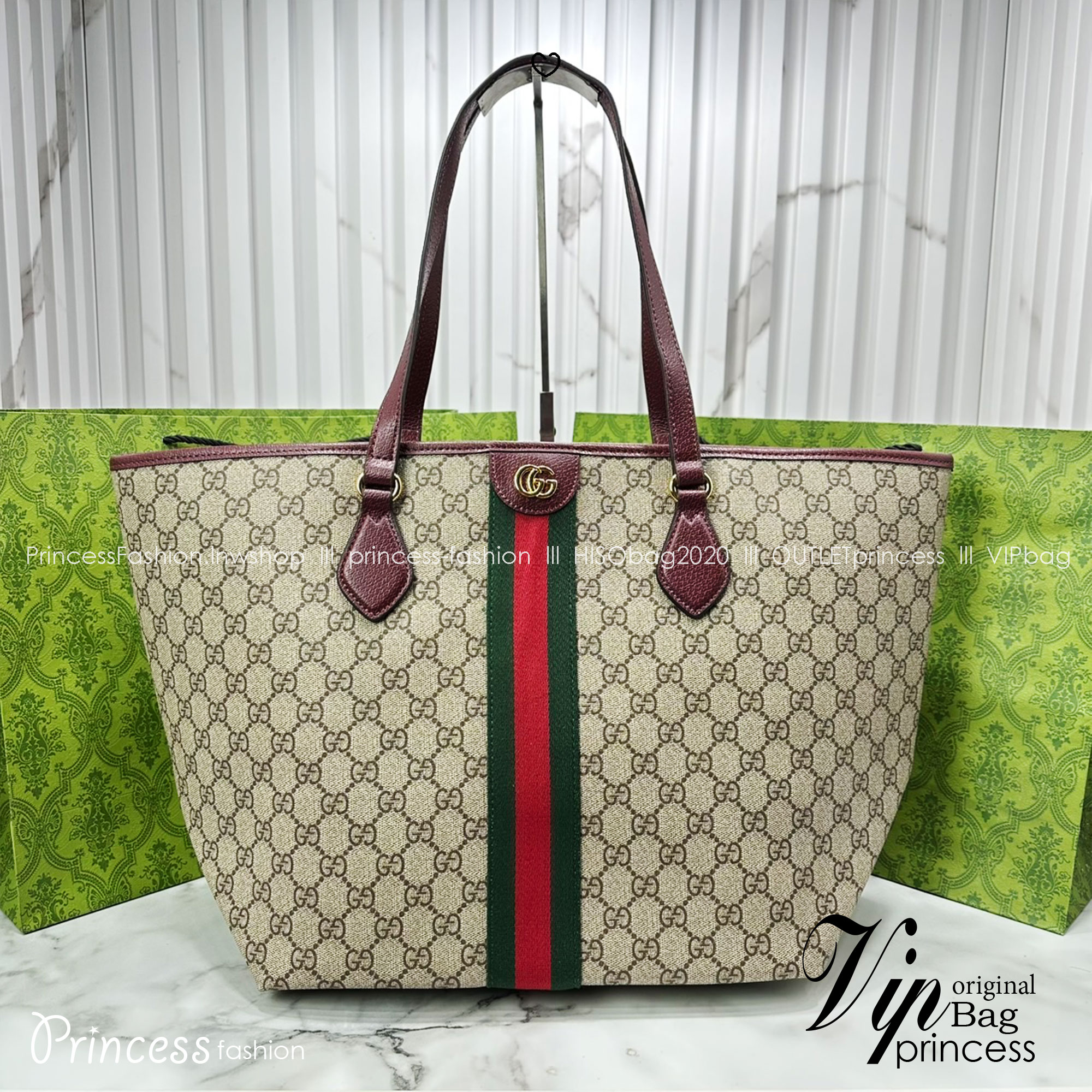 ORI หนังแท้ | Gucci Ophidia medium tote bag GG Monogram Double G / Gucci Tote Bag กระเป๋าสะพายทรงโท้ทใบใหญ่ ภายในโล่งกว้างจุของได้เยอะ