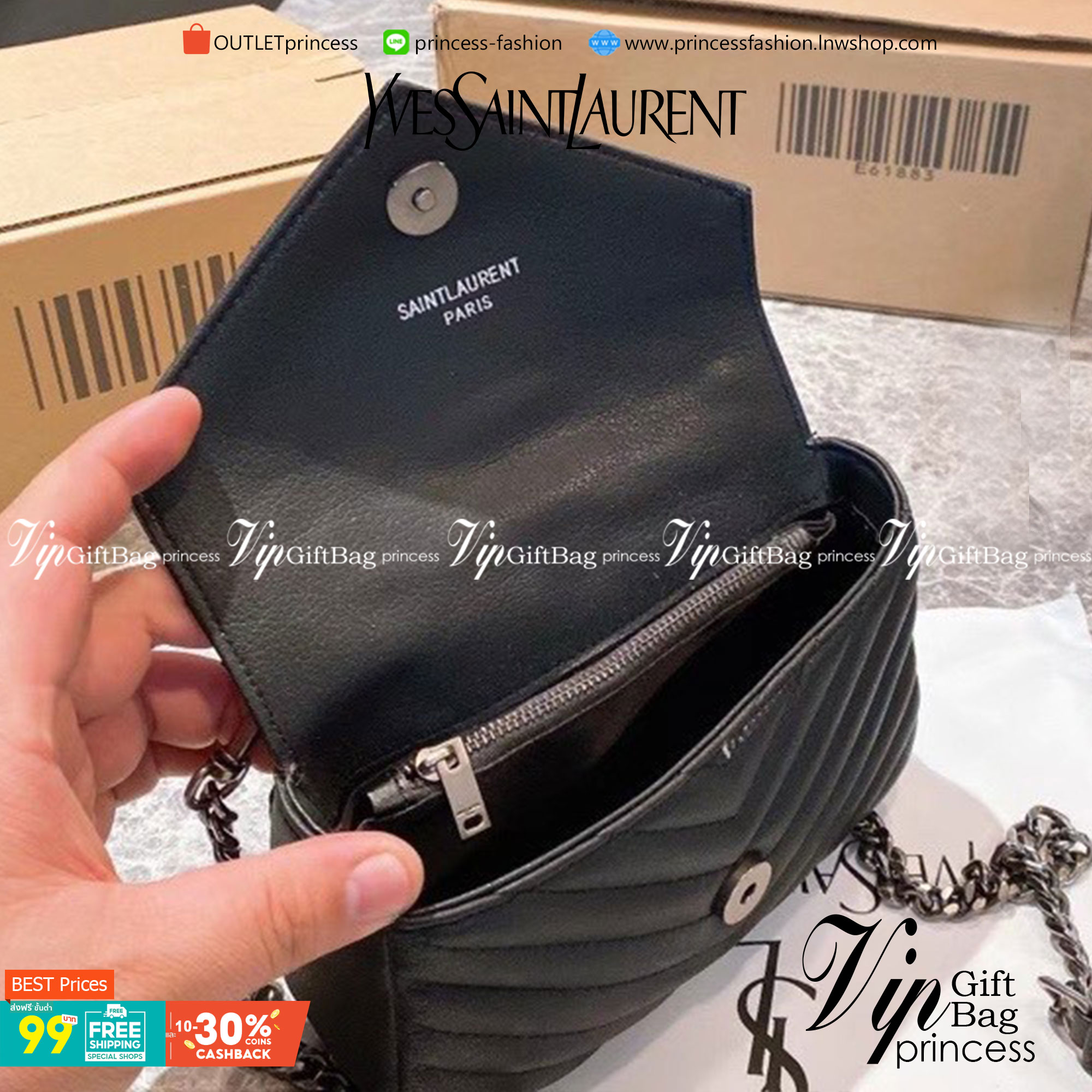 VIP 】YSL Saint Laurent Small College quilted leather shoulder bag กระเป๋าสะพายข้าง ลายเชฟรอน แต่งอะไหล่สีเงิน เปิดหน้าจะสะพายข้างหรือครอสบอดี้ก็ดูดีค่ะ ตัวสายยาวถอดได้ ขนาดน่ารักน่าใช้มากค่า