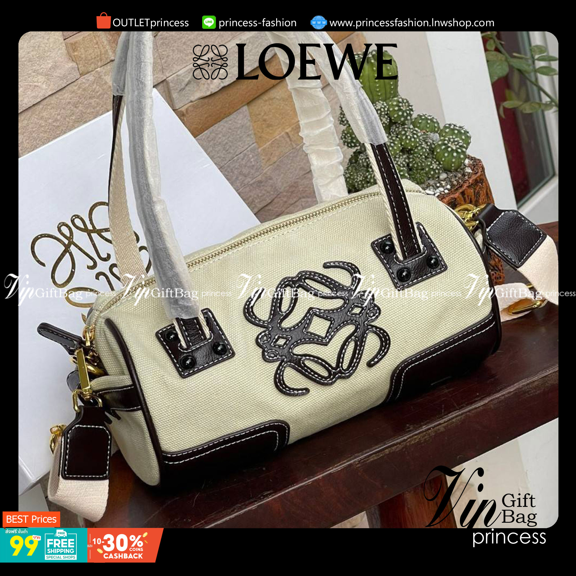 LOEWE ANAGRAM LOGO EMBROIDERED CANVAS VINTAGE MINI SHOULDER BAG กระเป๋าทรงหมอนแบบสะพายไหล่โลเอเว่ ด้านหน้าปักสัญลักษณ์โลโก้แอนนาแกรม สายหนังแท้ เป็นรุ่นที่มีขนาดไม่ใหญ่มาก แต่สามารถใส่ของสำคัญของตนเองเข้าไว้ข้างในได้ครบครัน นอกจากนี้ยังใช้ซิปยาว และซิปสอง