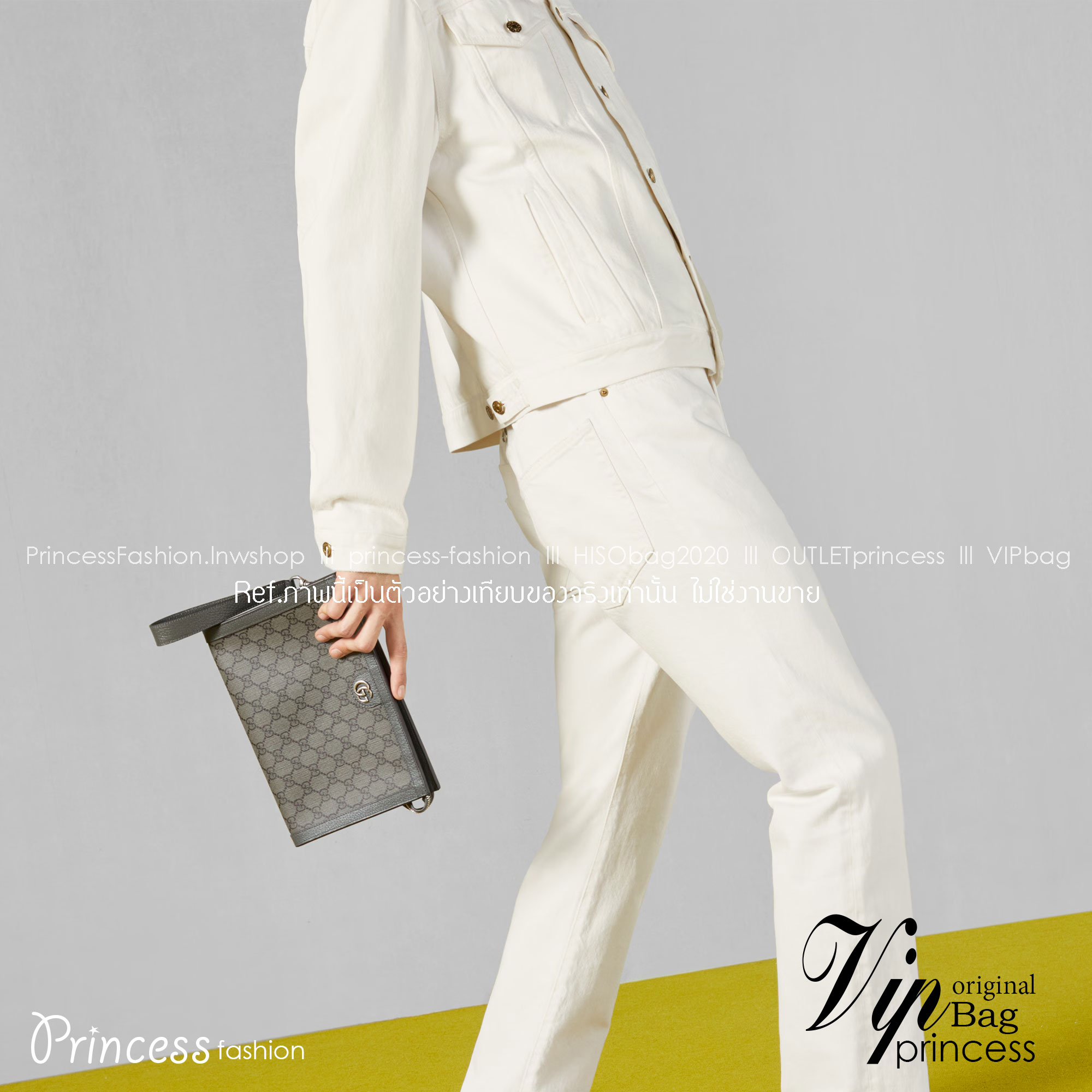 GUCCI OPHIDIA GG POUCH GRAY กระเป๋าถือทรงพอช หนังแท้ผสมแคนวาส เกรดออริจินอล 1:1 สลับแท้ ภาพถ่ายจากงานขายจริง ใช้งานต่างประเทศได้