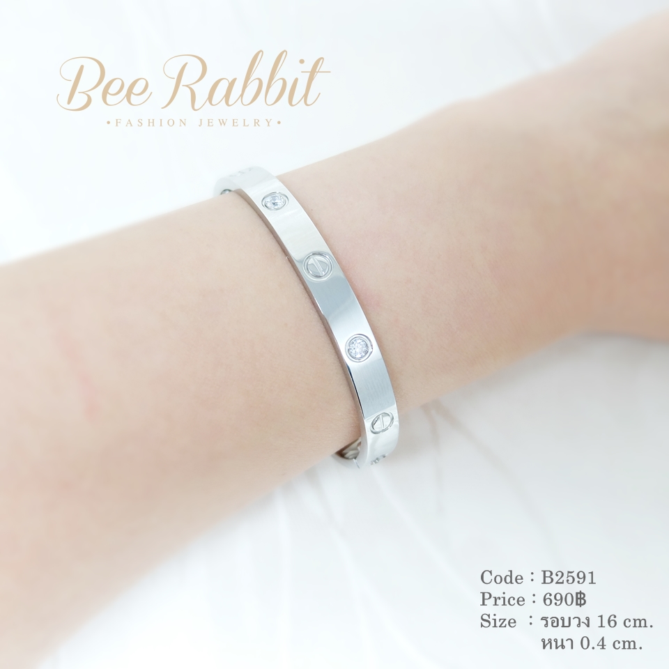 กำไลข้อมือสแตนเลสสีเงิน สลัก cartier ประดับเพชร พร้อมที่ขันน็อต งานพรีเมี่ยม