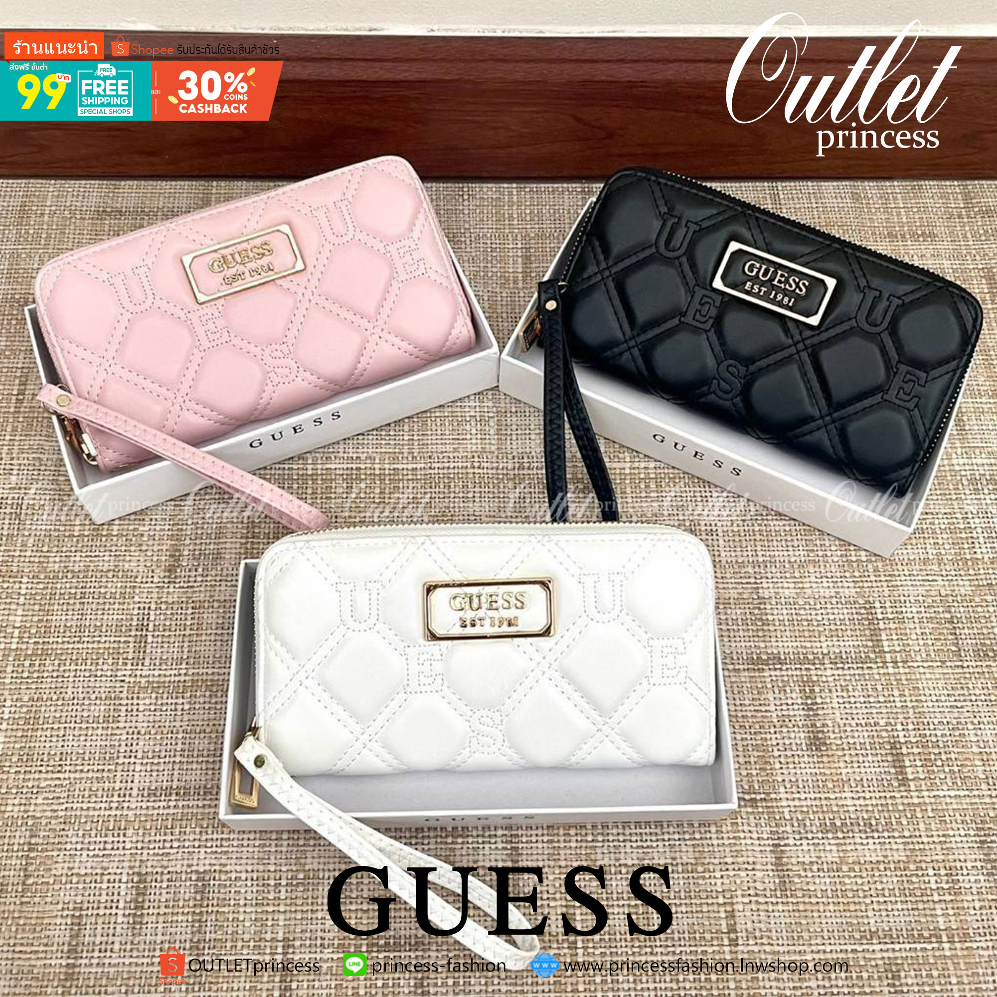 ของแท้ 💯% Guess Front Logo Wallet กระเป๋าเงินวัสดุหนังเดินด้ายตัวอักษรแบรนด์ ด้านหน้ามีโลโก้แบรนด์เด่นสวยหรูเลยค่ะ