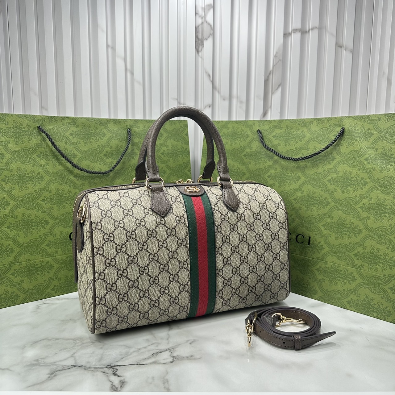 ORI หนังแท้ | Gucci Ophidia boston bag GG Monogram Double G / Gucci Keepall Bag กระเป๋าสะพายทรงหมอนบอสตัน รูปทรงใช้งานง่าย ฟังก์ชั่นการใช้งานที่ได้รับการตีความใหม่
