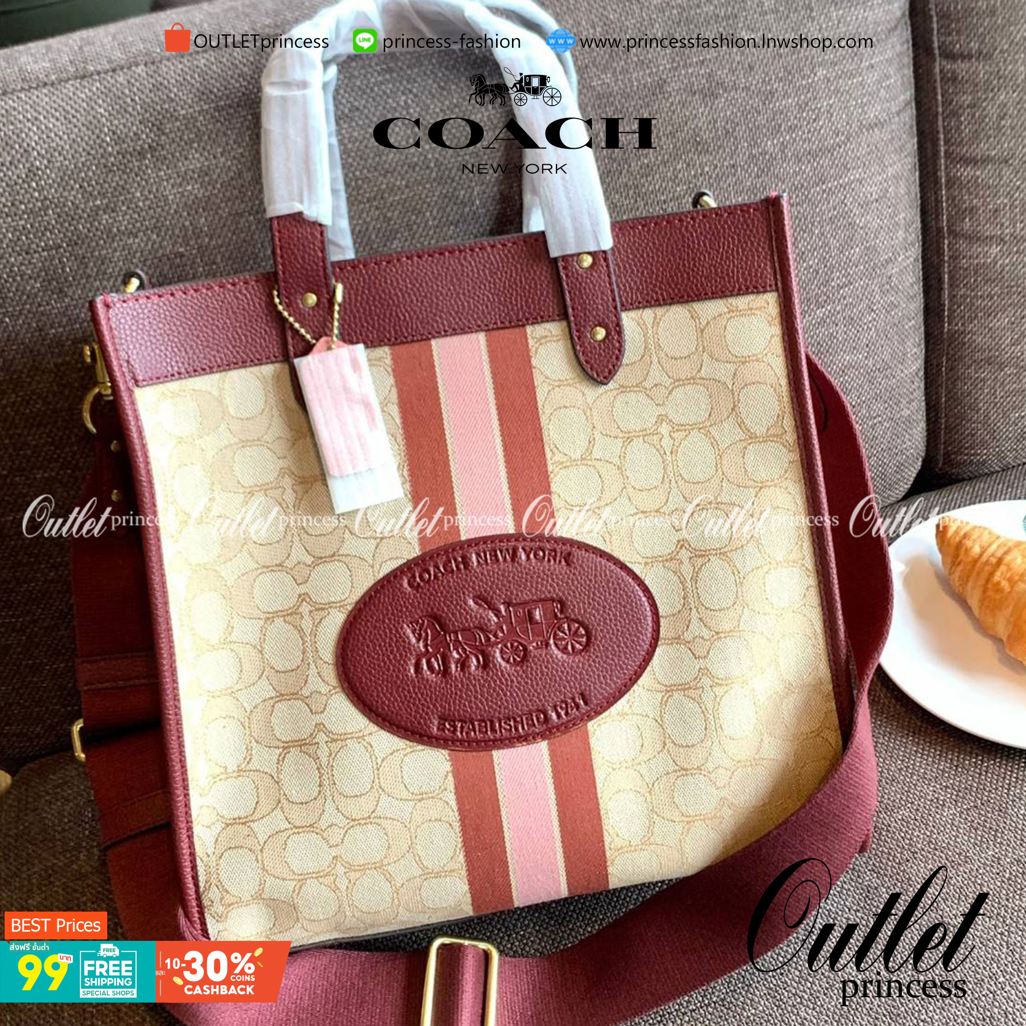 Coach 5868 Field Tote In Signature Jacquard With Horse And Carriage Prints 📣พร้อมส่ง ยังไม่เข้าไทยจ้าา!! กระเป๋าทรงTote สูง ใบใหญ่ วัสดุJacquard+หนังแท้ อย่างดี ได้ลงตัวแมทกันสวยงามมากๆค่ะ ด้านหน้าตัดแทบสีตรงกลางยาวลงมาบวกกับป้ายแบรนด์หนังตัวใหญ่ด