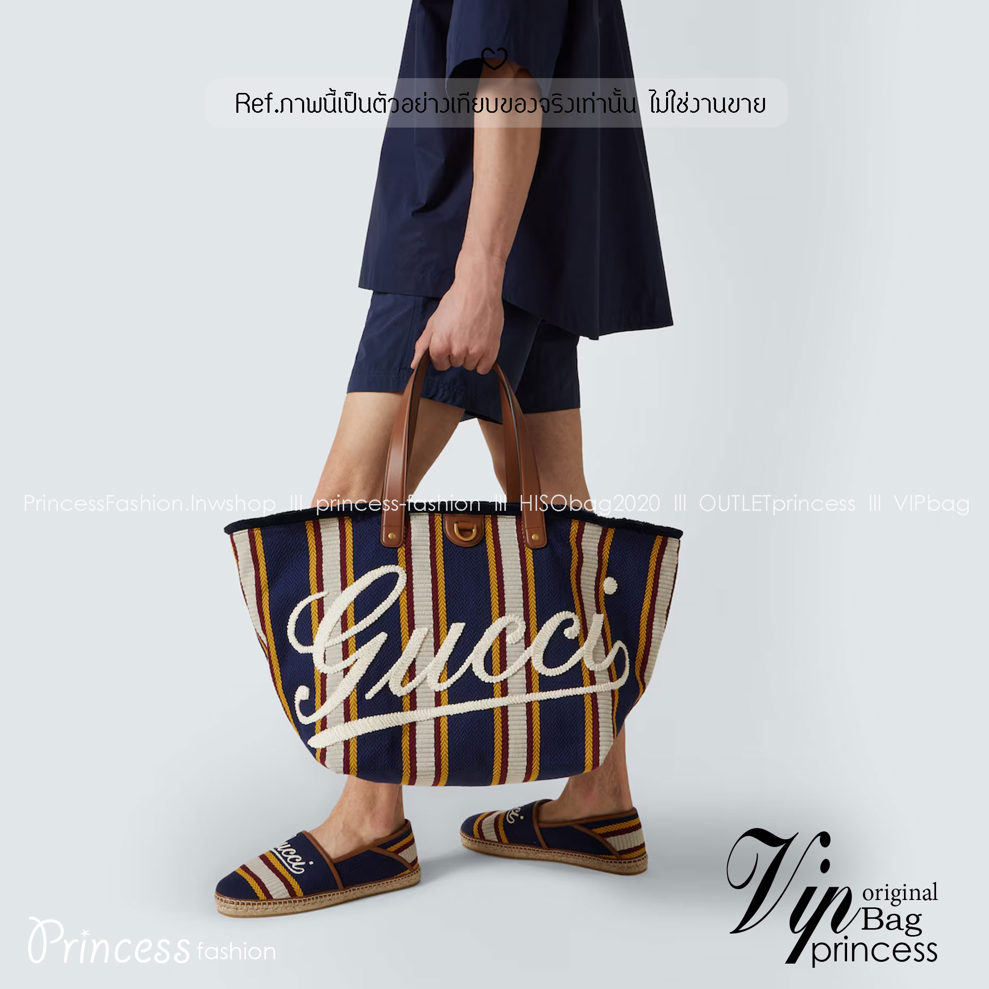 Gucci Embroidered large canvas tote bag Variation multicolor canvas กระเป๋าสะพายทรงโท้ทใบใหญ่ โดดเด่นผ้าแคนวาสฝ้ายลายทางสะดุดตา ตกแต่งด้วยงานปักลาย Gucci ด้านหน้า คอลเลคชั่นฤดูใบไม้ผลิ/ฤดูร้อน 2025