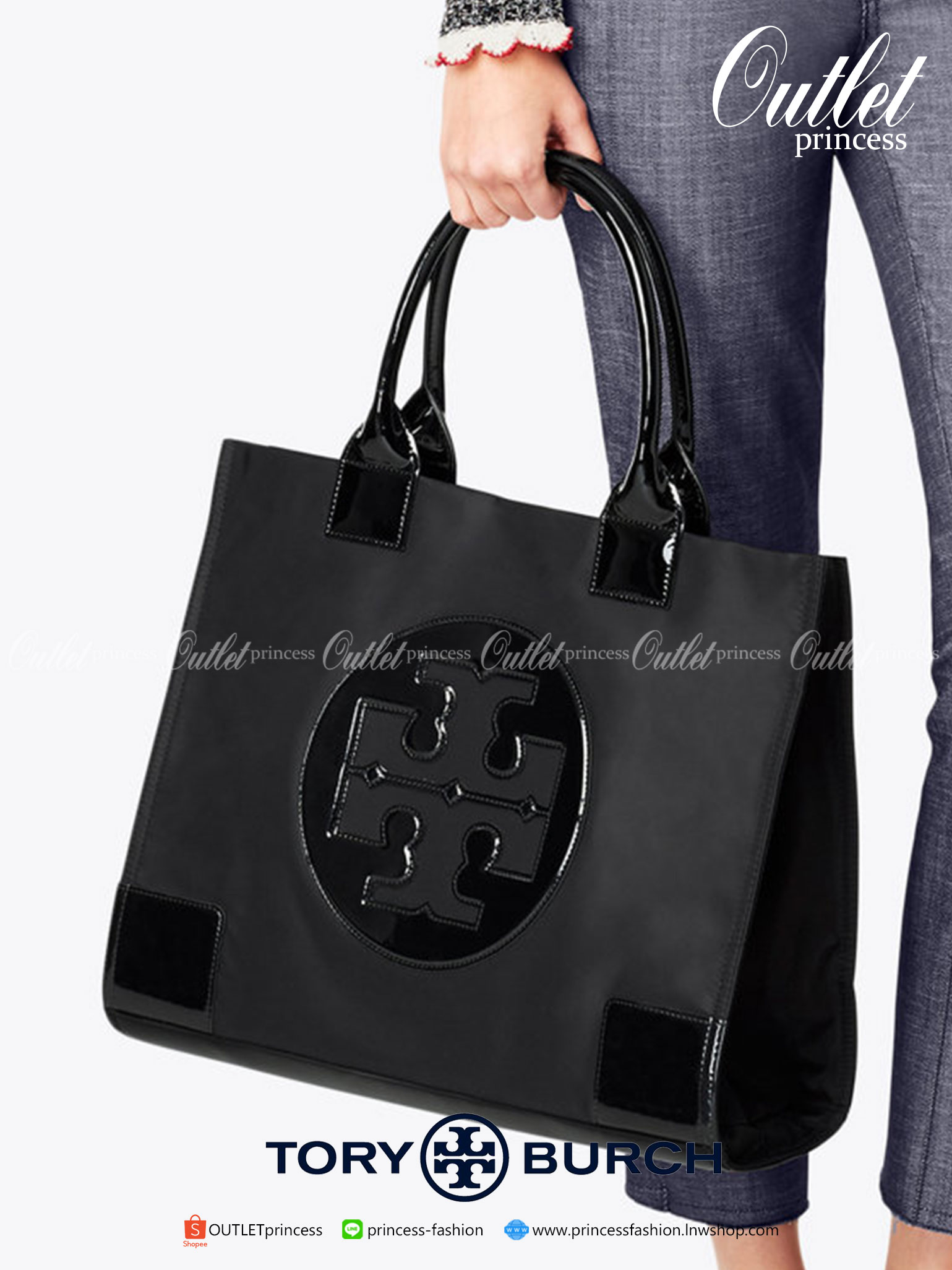 TORY BURCH ELLA PATENT MINI TOTE TOTE BAG กระเป๋าทรง SHOPPING วัสดุ NYLON ทั้งใบตัดด้วยหนังแก้วเงาสีดำ
