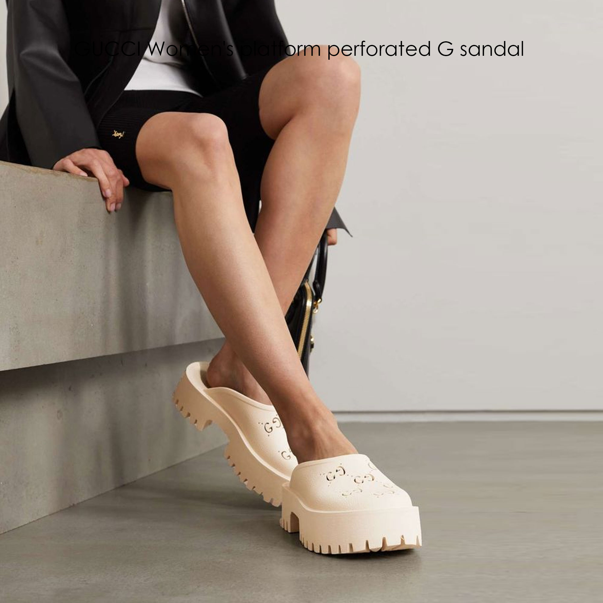 GUCCI Women's platform perforated G sandal รองเท้าแตะกุชชี่พื้นหนา 5cm รุ่นยอดนิยม ยางคุณภาพฉลุลาย GG ยางมีความยืดหยุ่นเนื้อนิ่มไม่แข็งกระด้าง