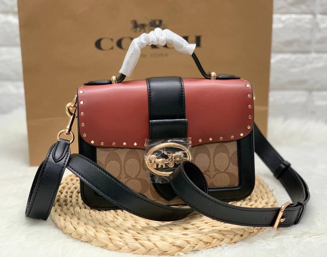 ของแท้ 💯% COACH SMALL GEORGIE TOP HANDLE IN BLOCKED SIGNATURE CANVAS ((6504//0468)) กระเป๋าหิ้ว//สะพายข้างได้ วัสดุหนังแท้