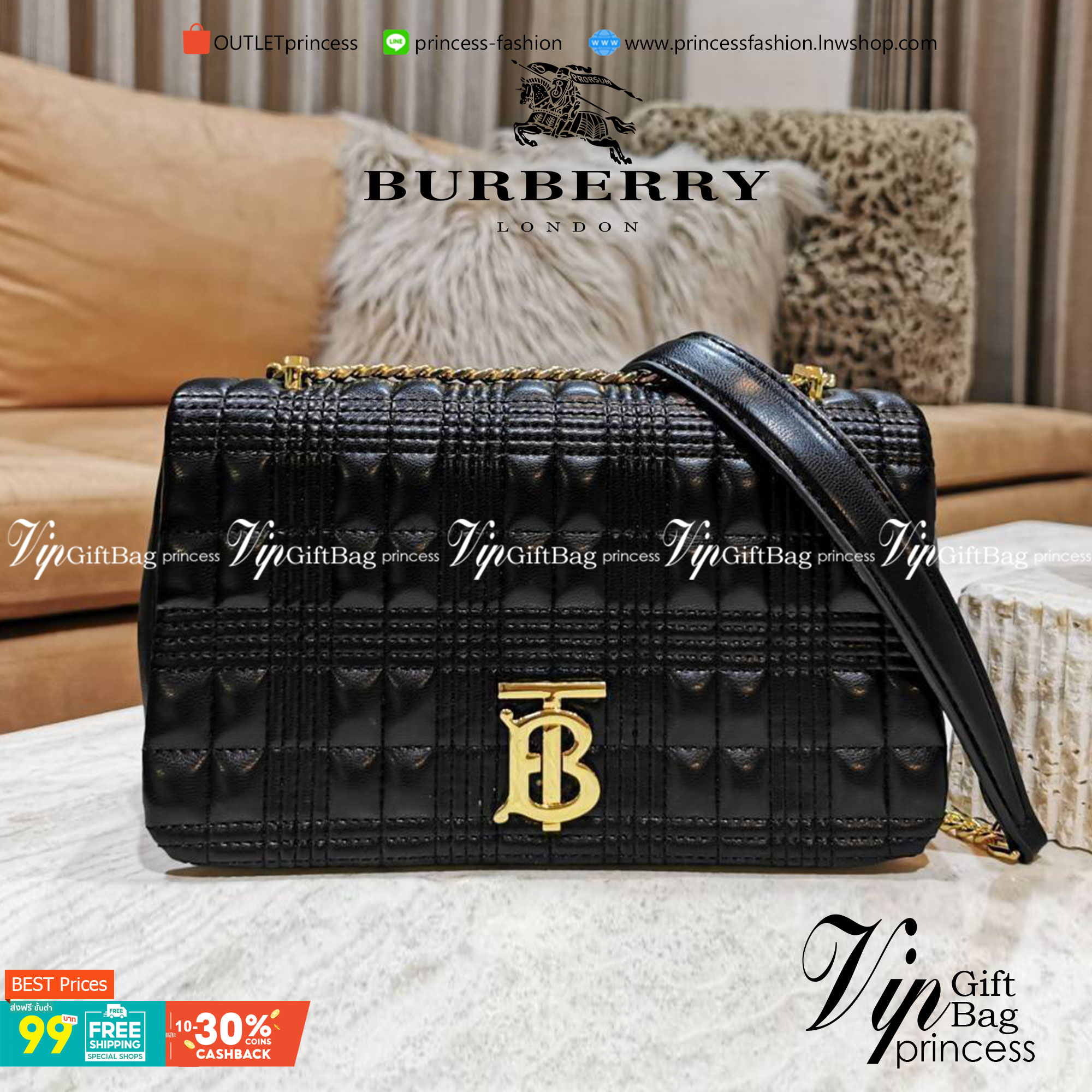 BURBERRY FRAGRANCES QUITED LAMBSKIN BAG VIP GIFT WITH PURCHASE GWP พรีเมี่ยมกิ๊ฟ Limited จาก BURBERRY Perfume DutyFree หนังแท้ Lambskin นิ่มสวยหรูดูดี เปิดปิดด้วยฝาปิดสัญลักษณ์รูปตัวB ภายในโล่งกว้าง ใส่มือถือ กระเป๋าสตางค์ได้ มาพร้อมสายสะพายโซ่ทองต่อหนังร