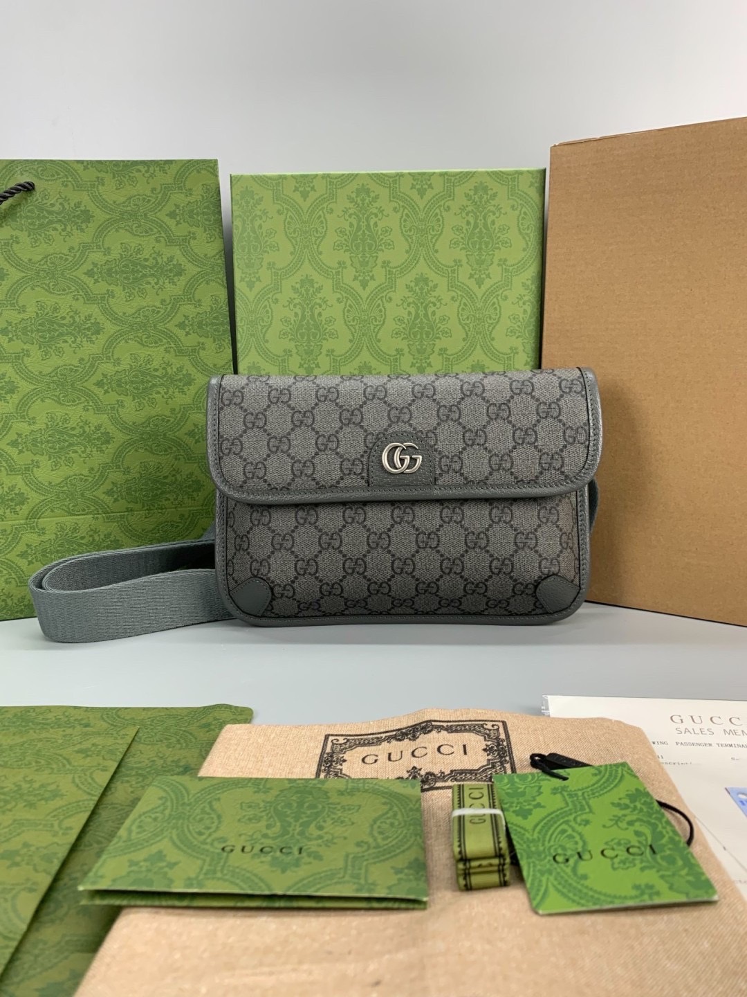 GUCCI OPHIDIA GG SMALL BELT BAG GRAY กระเป๋าคาดเอวสีเทา หนังแท้ผสมแคนวาส เกรดออริจินอล 1:1 สลับแท้ ใช้งานต่างประเทศได้