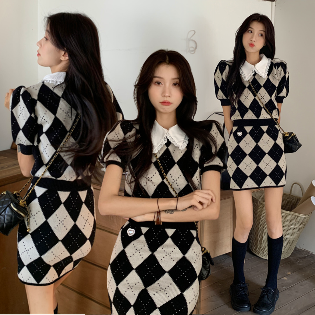 พร้อมส่ง 🩰🪔 Napat set ชุดเซทแขนสั้นกระโปรงไหมพรม (IN36981)
