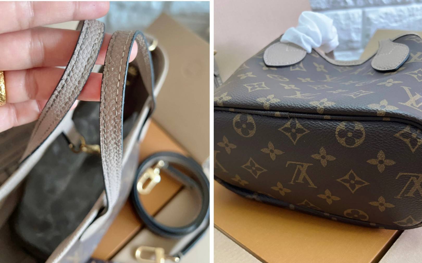 LV Neverfull Bandoulière Inside Out BB กระเป๋าทรงโท้ทไซส์เล็กใช้งานได้สองด้าน มีตะขอเกี่ยวสามารถปรับรูปทรงกระเป๋าได้หนังแท้นิ่มสวย ลายโมโนแกรมและหนังลายเกรน มาพร้อมใบลูกเข้าเซ็ทใส่สายสะพายยาวได้