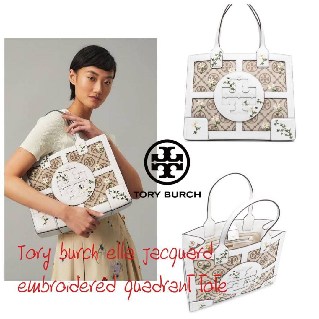 Tory burch ella jacquard embroidered quadrant tote ลายโมโนแกรม (Monogram) สัญลักษณ์สุดโดดเด่นที่คิดค้นขึ้นมาเพื่อให้แบรนด์มีเอกลักษณ์ สำหรับรุ่นนี้เป็นกระเป๋าที่ใส่ของได้เยอะ สามารถใส่สิ่งของที่จำเป็นสำหรับการทำงานได้ ง่ายต่อการถือและการหยิบใช้ข้าวของในกร