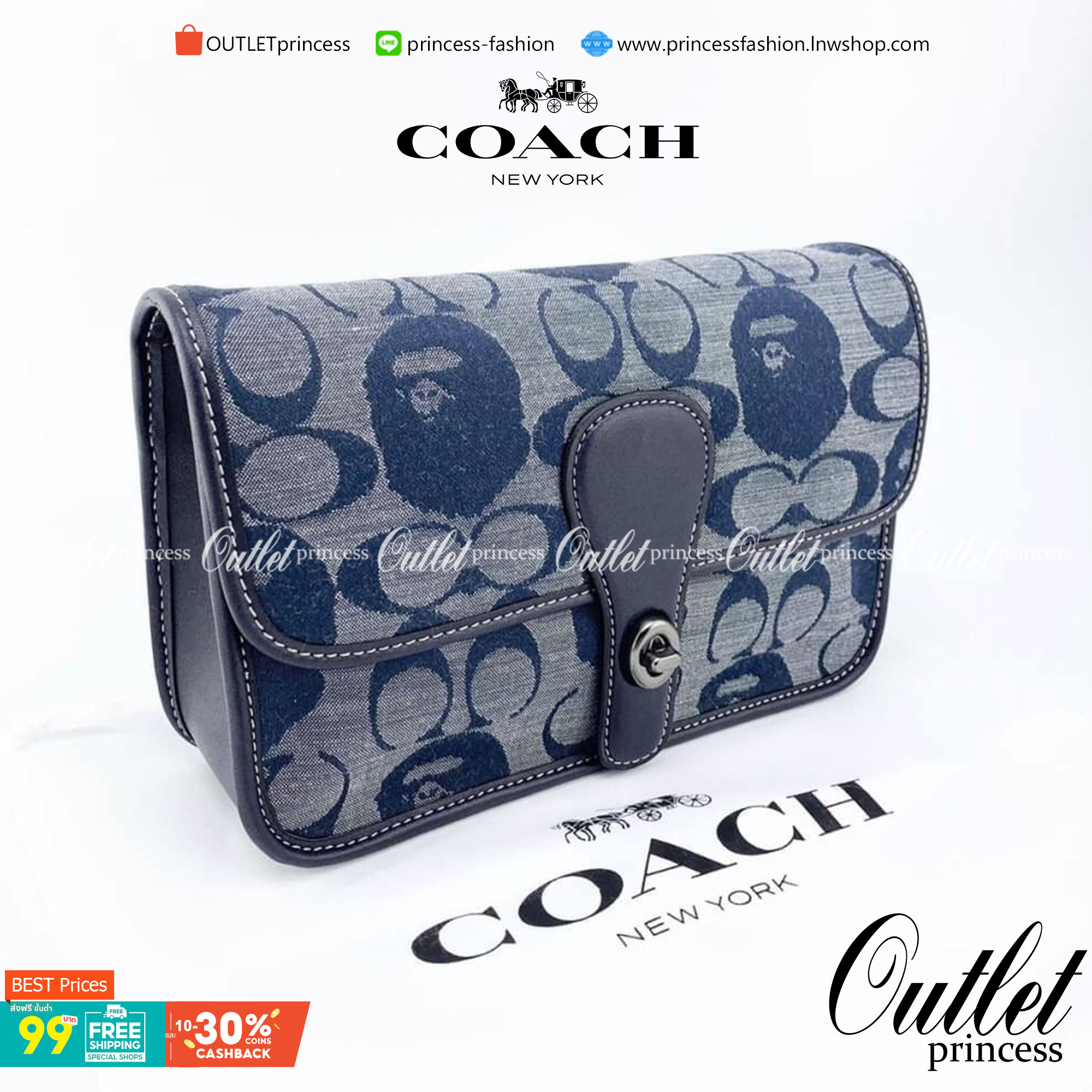 OUTLET 】COACH Bape X Coach Turnlock Tab Belt Bag In Signature Chambray พร้อมส่งที่ไทย