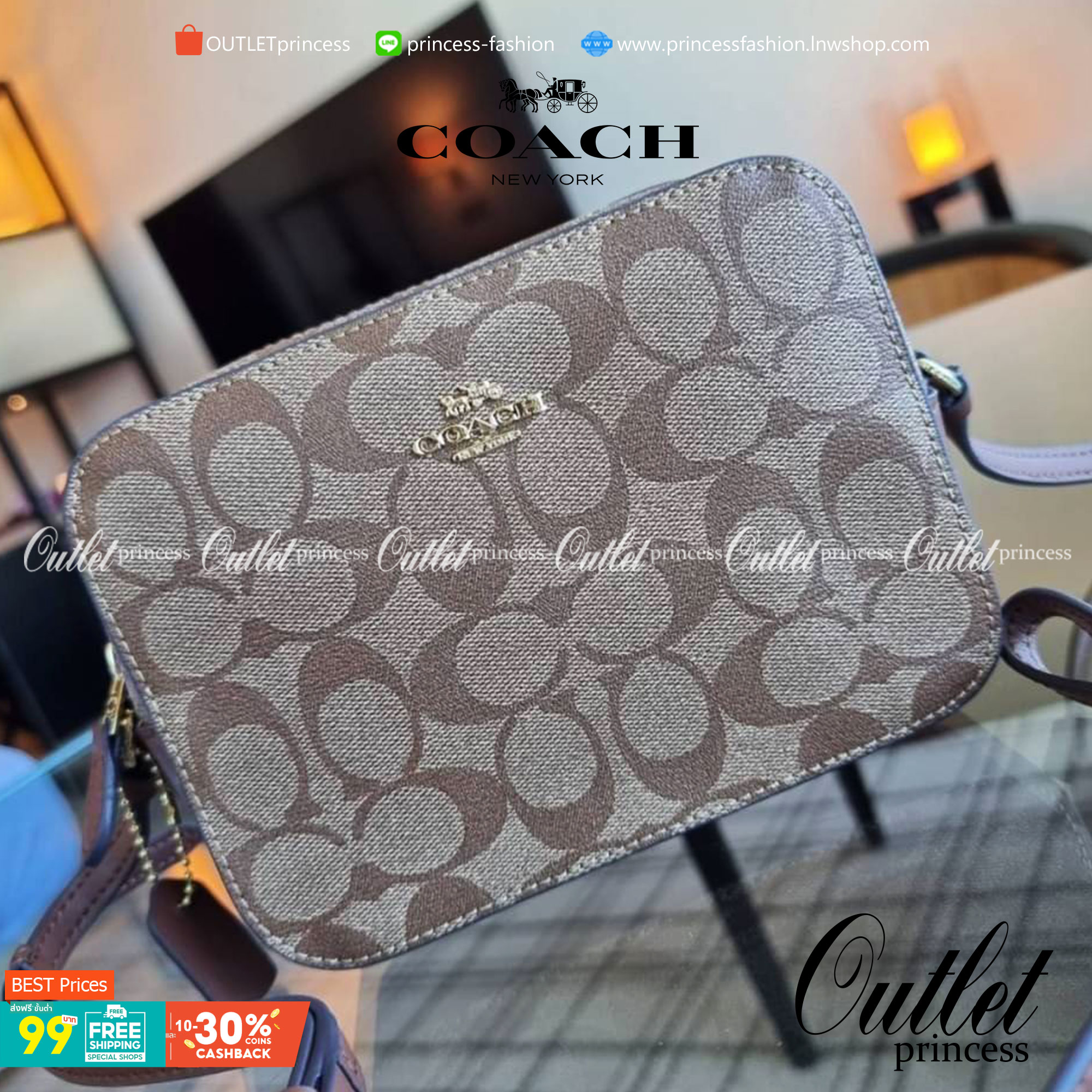 COACH 91677 MINI CAMERA BAG IN SIGNATURE CANVAS ขายดีที่สุด!! กระเป๋าสะพายข้างไซส์มินิ คลาสสิคอยู่ทรง อะไหล่ทองตัดดูหรู วัสดุหนังแคนวาสเคลือบลาย เปิด-ปิดด้วยซิป สายสะพายปรับได้ตามตัว ใบนี้แมทช์ได้ทุกลุค ใช้เป็น everyday bag ได้สบายๆเลยจ้า