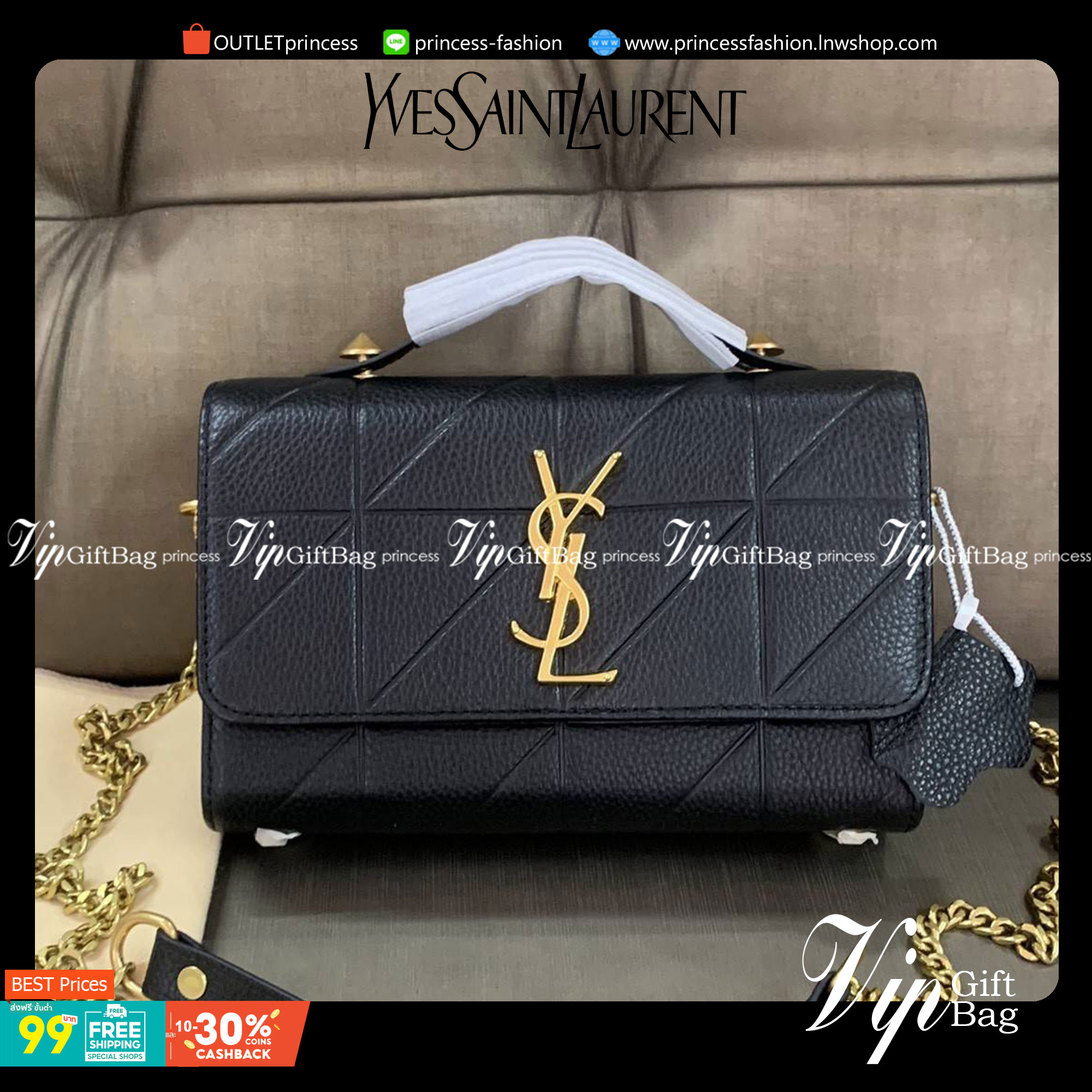 SAINT LAURENT YSL BAG VIP GIFT WITH PURCHASE (GWP) พรีเมี่ยมกิ้ฟ Limited Edition จาก YSL DUTY FREE COUNTER วัสดุหนังแกะหนังเคราะห์ ตกแต่งลวยลายตาราง ปักหมุดตรงหูหิ้ว ด้านหน้าประดับโลโก้แบรนด์YSL ขนาดกระทัดรัด หนังเงาสวย อะไหล่ทองทั้งใบ มาพร้อมสายสะพายยาวส