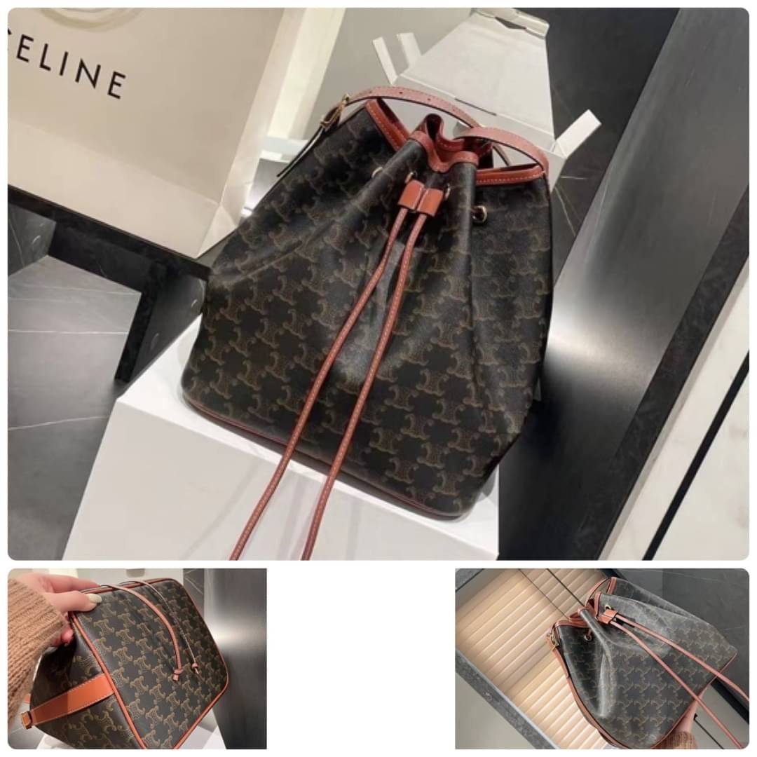 CELINE MEDIUM DRAWSTRING BAG IN TRIOMPHE CANVAS TAN