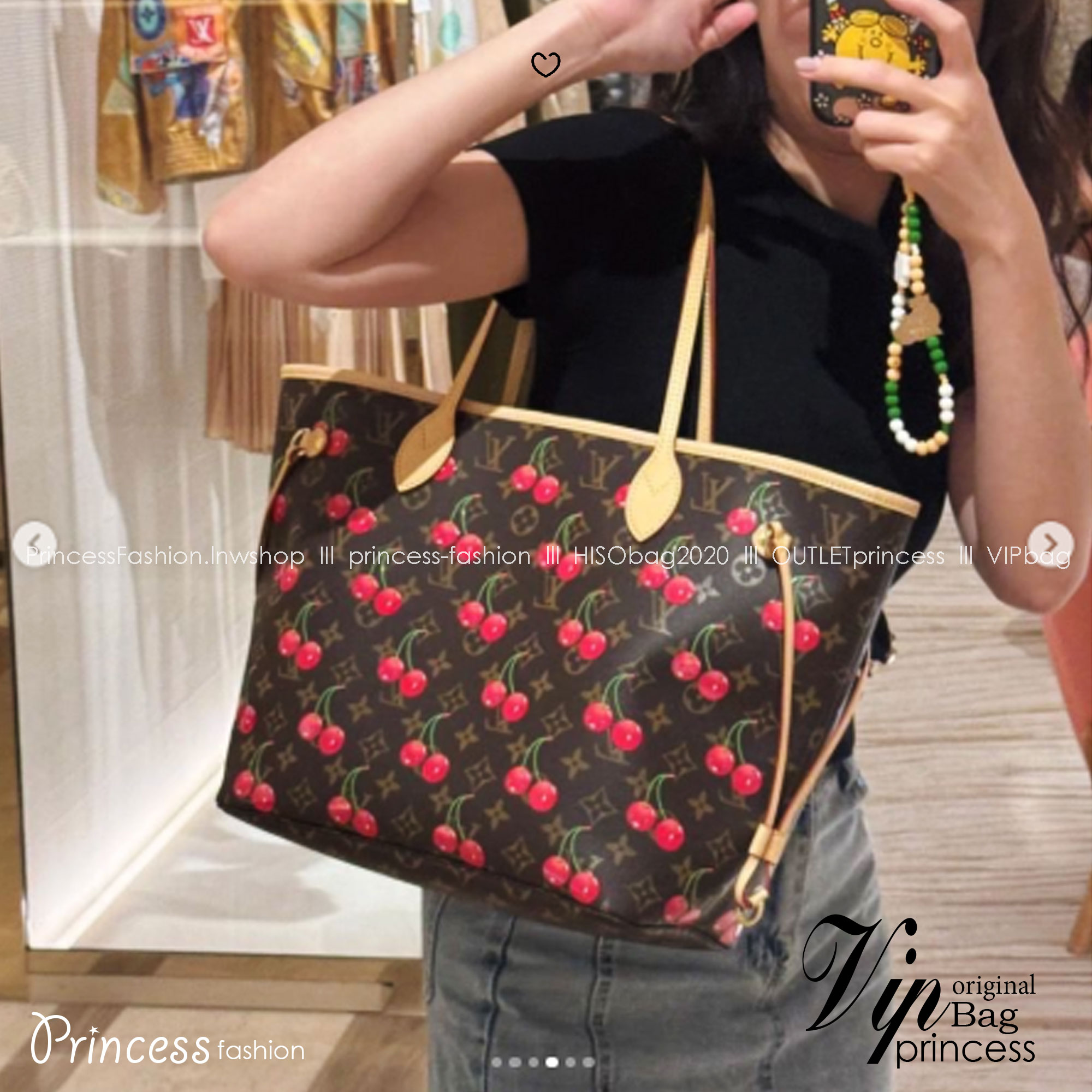 LV x TM Neverfull MM Bag Monogram cherry canvas กระเป๋าสะพายทรงโท้ท ปรับลุคให้มีชีวิตชีวาตกแต่งดีเทลลายเชอร์รี่สีสันสดใส เสริมลุคเรียบหรูเหนือกาลเวลาสมบูรณ์แบบ