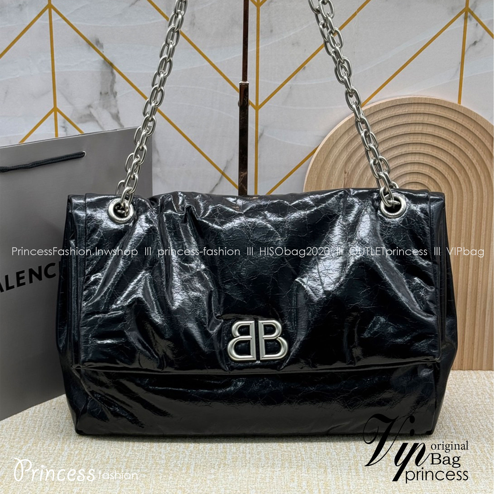Balenciaga MONACO MEDIUM CHAIN BAG IN BLACK 35cm กระเป๋าทรงโท้ทใบใหญ่ งานหนังยับสวยเต็มใบ เกรดออริ สลับแท้ 1:1 ใช้งานต่างประเทศได้