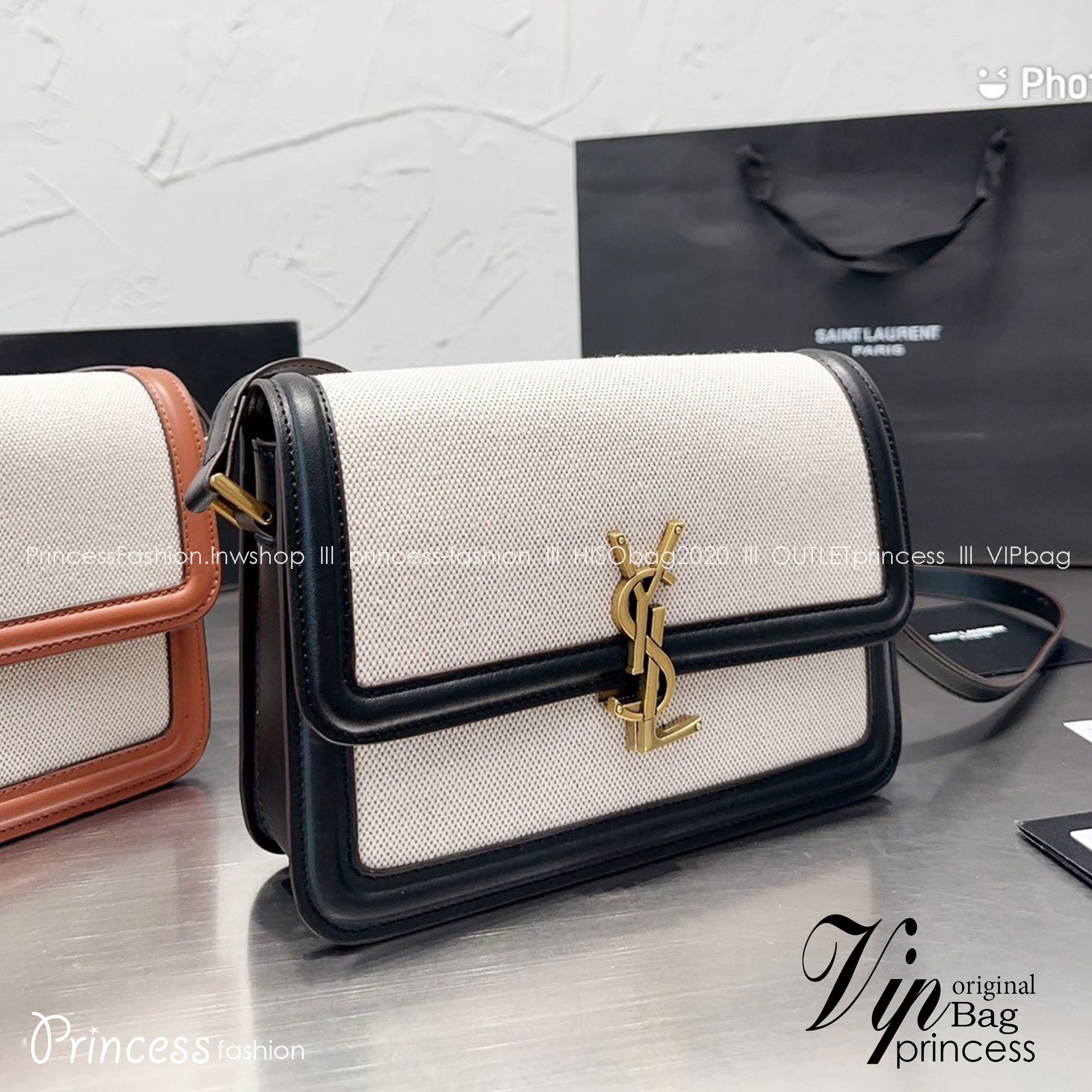 Medium Solferino Ysl-plaque Canvas Canvas Crossbody Bag 9" / YSL SOLFERINO BAG / YSL BAG พร้อมส่งที่ไทย กระเป๋าสพายรุ่นฮิต ทรงสี่เหลี่ยมหนังสวยหรูอยู่ทรง เปิดปิดด้วยฝาปิดโลโก้แบรนด์อะไหล่ทอง