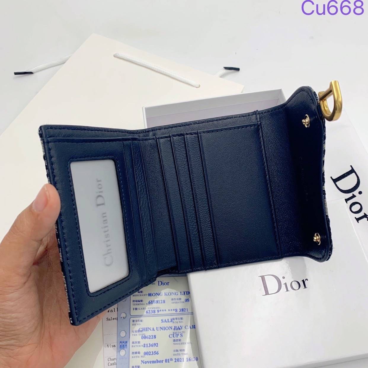 DIOR Saddle Lotus Wallet Blue Dior Oblique Jacquard กระเป๋าสตางค์ แบรนด์หรู พร้อมส่งที่ไทย ภาพสินค้าถ่ายจากงานขายจริง ใช้งานต่างประเทศได้