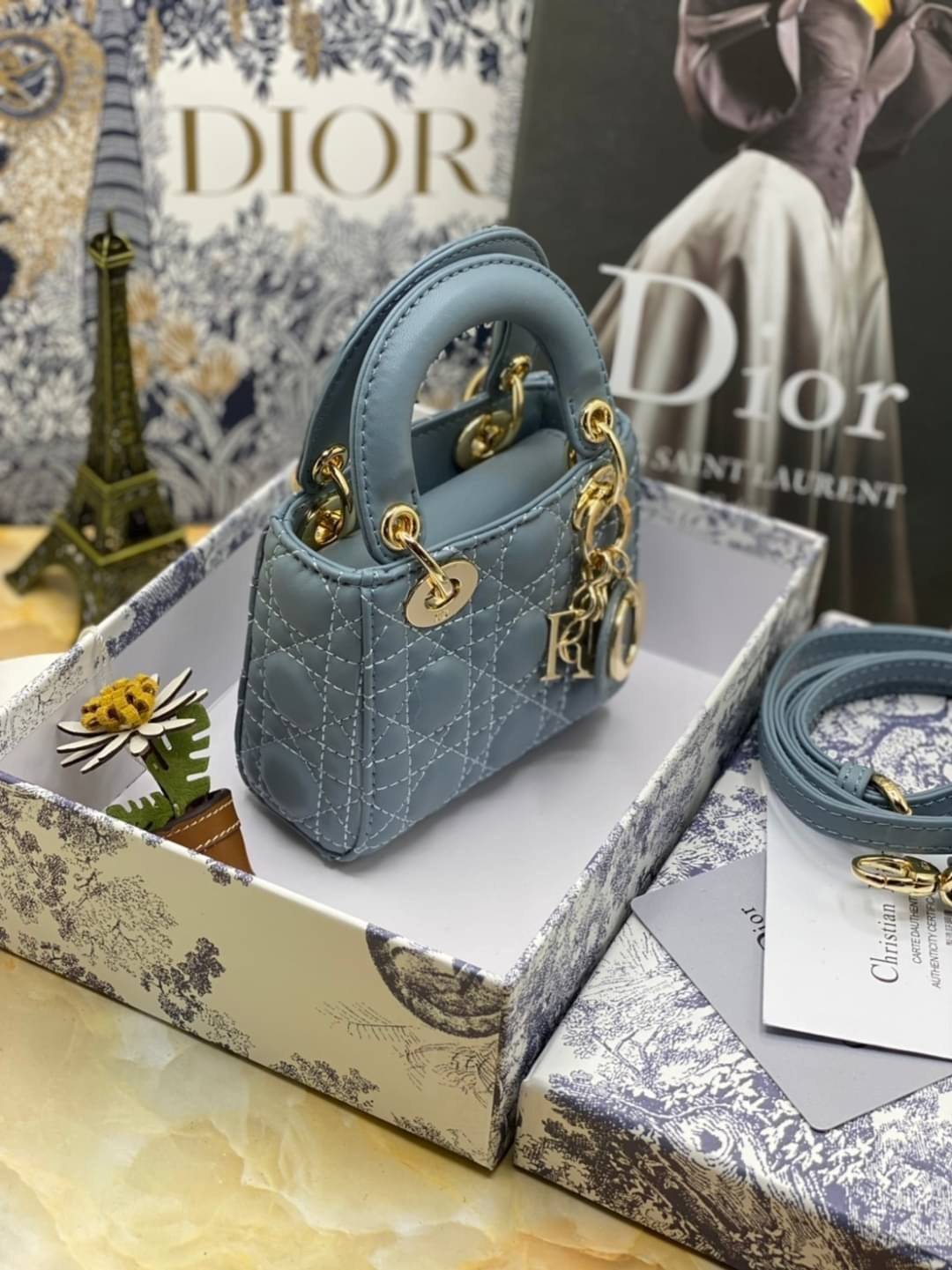 VIP 】หนังแท้ CHRISTIAN DIOR MICRO LADY DIOR BAG Cannage Lambskin