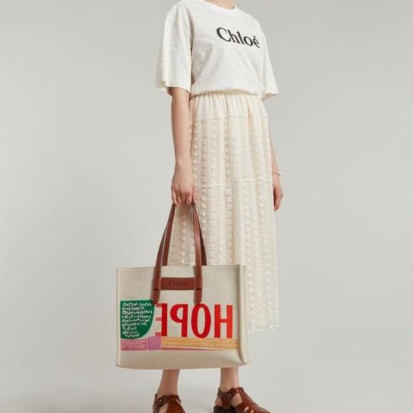 Large: CHLOÉ Woody large leather-trimmed cotton-canvas tote corita kent tote 14” canvas