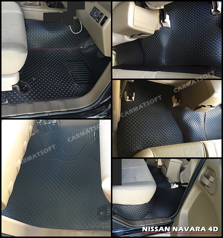 ยางปูพื้นรถยนต์ NAVARA 4D พรมลายกระดุม สีดำด้ายแดง 10ชิ้น เต็มคัน