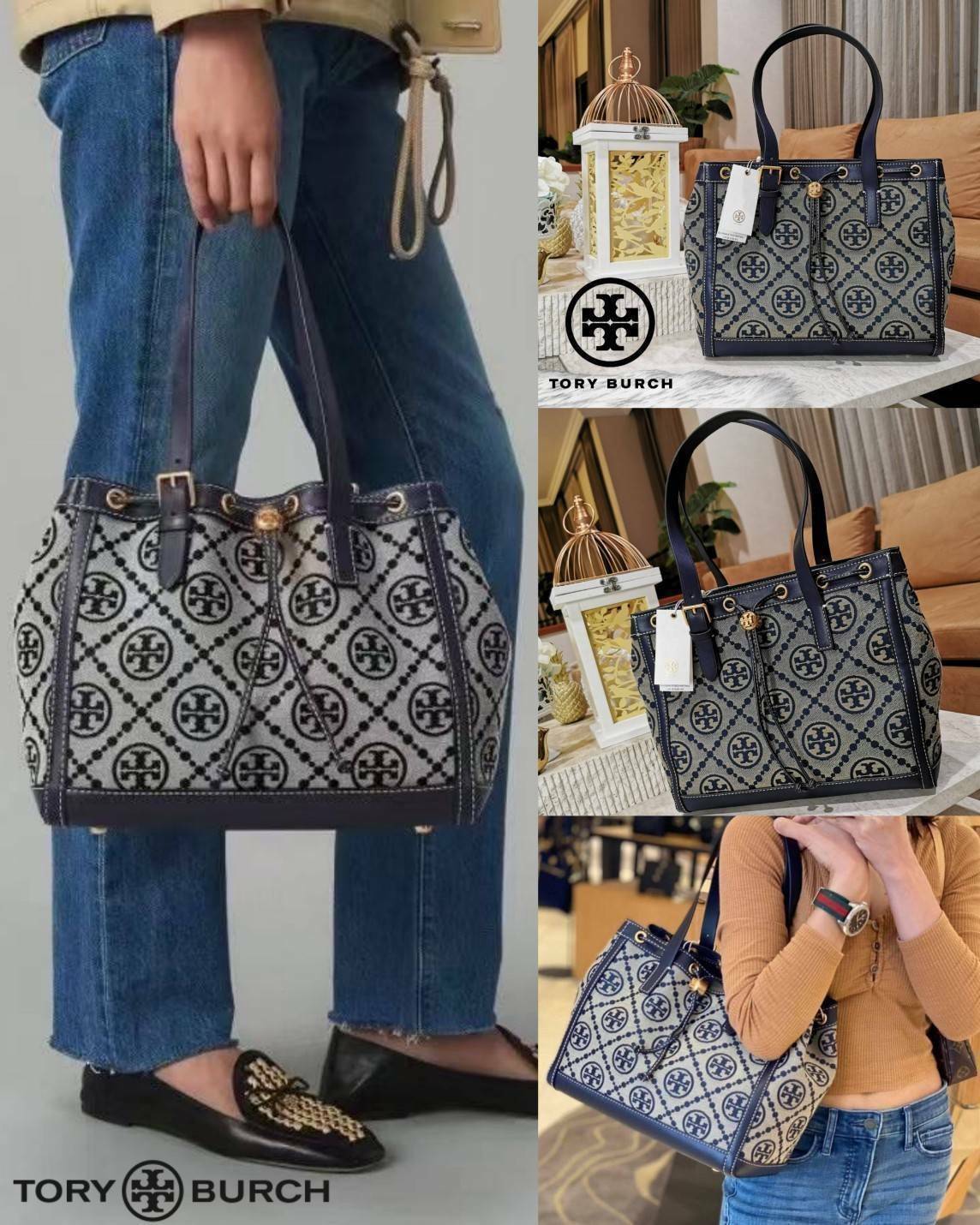 TORY BURCH FACTORY MONOGRAM JACQUARD TOTE BAG กระเป๋าถือหรือสะพายรุ่นล่าสุดดีไซน์ยอดนิยมจาก TORY BURCH FACTORY OUTLET วัสดุ Woven Jacquard & Leather ทอลาย Jacquard Singnature แบรนด์รอบใบสวยอยู่ทรงเป็นเอกลักษณ์ เปิดปิดแบบ Drawstring ขนาดใหญ่กำลังดี กว้างแล