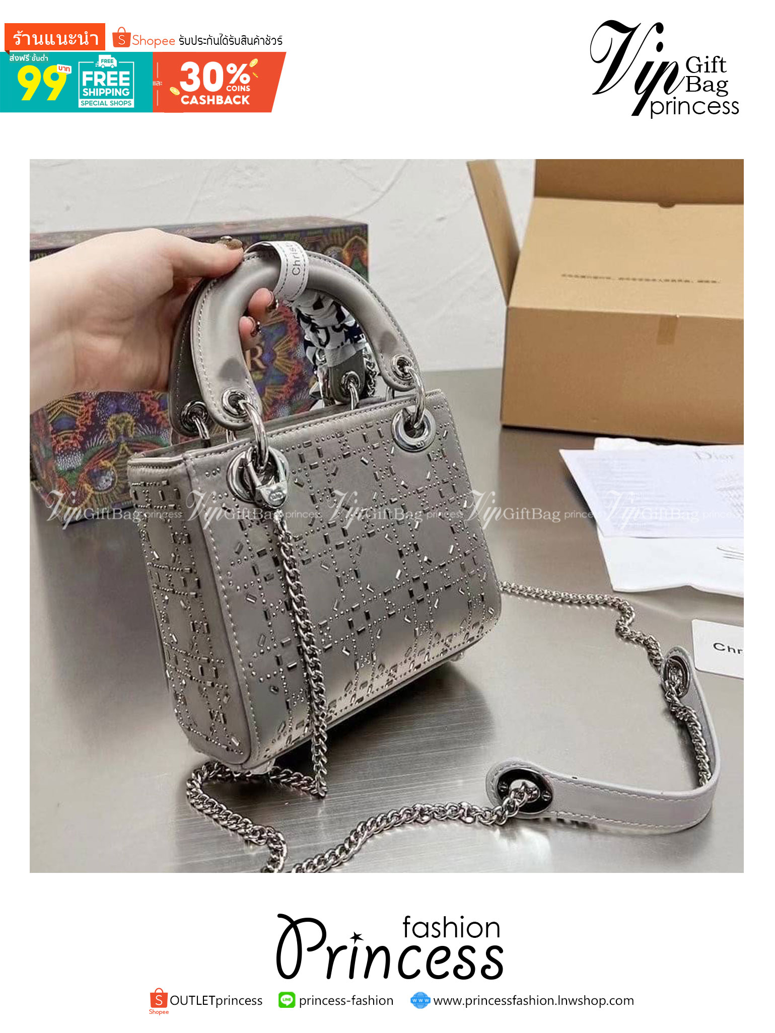 DIOR Lady Diamond Rhombus Handbag / DIOR Satin Crystal Cannage Mini Lady กระเป๋าสะพายข้างตกแต่งหมุดเต็มใบ ไม่มีคือพลาด หรูจริงอะไรจัง ทรงกล่องคลาสสิค มีหูจับในตัวและสายครอสบอดี้สุดเลิศ