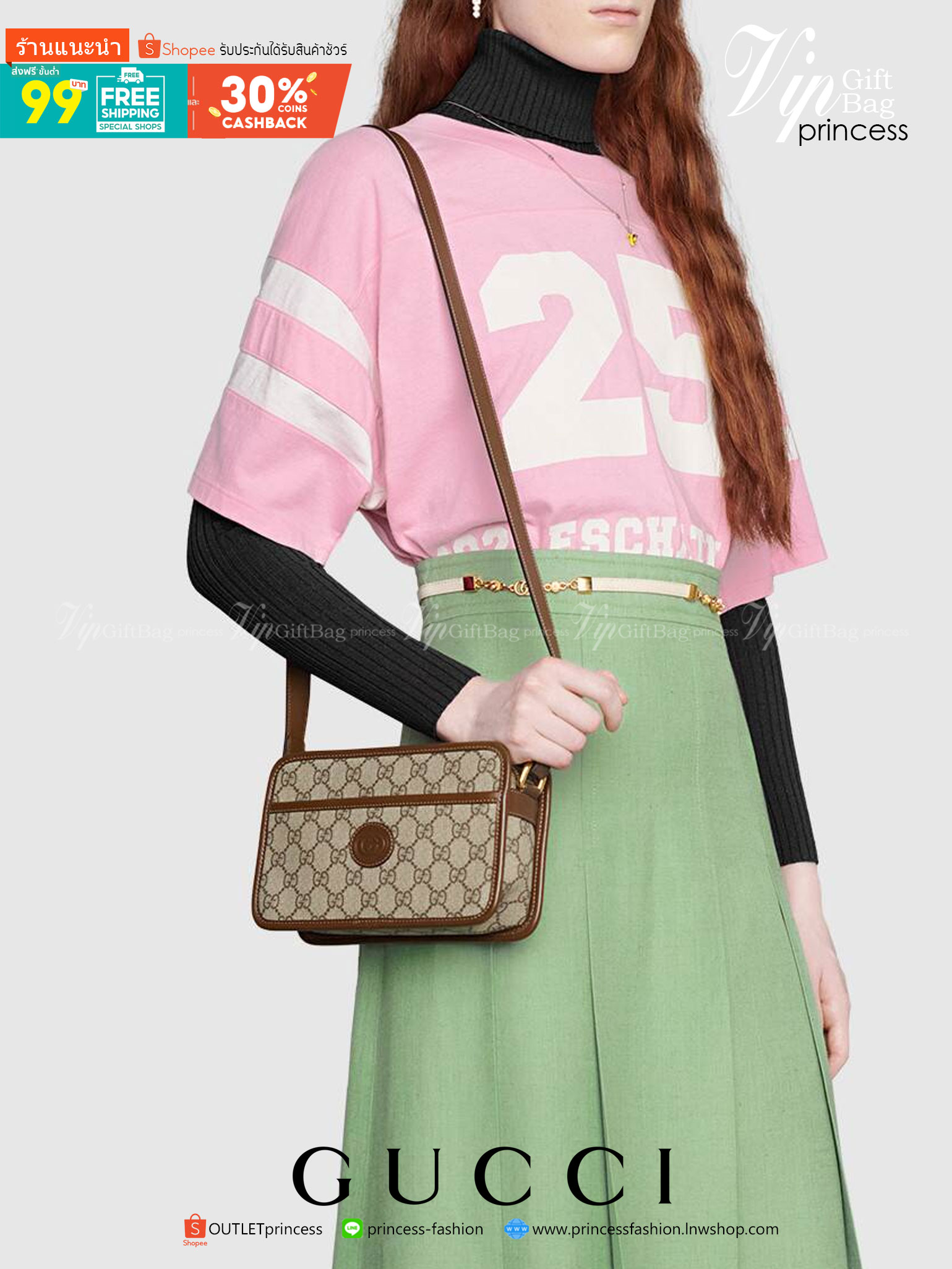 VIP 】หนังแท้ GUCCI Mini Bag With Interlocking G In GG Supreme And Brown Leather พร้อมส่งที่ไทย กระเป๋าสะพายดีไซน์สวย ใช้ได้ทั้งชายหญิง คลาสสิคและน่ารักในตัว ใช้งานง่าย ใช้ได้หลายโอกาส งานหนังแท้ สวยมากค่ะ