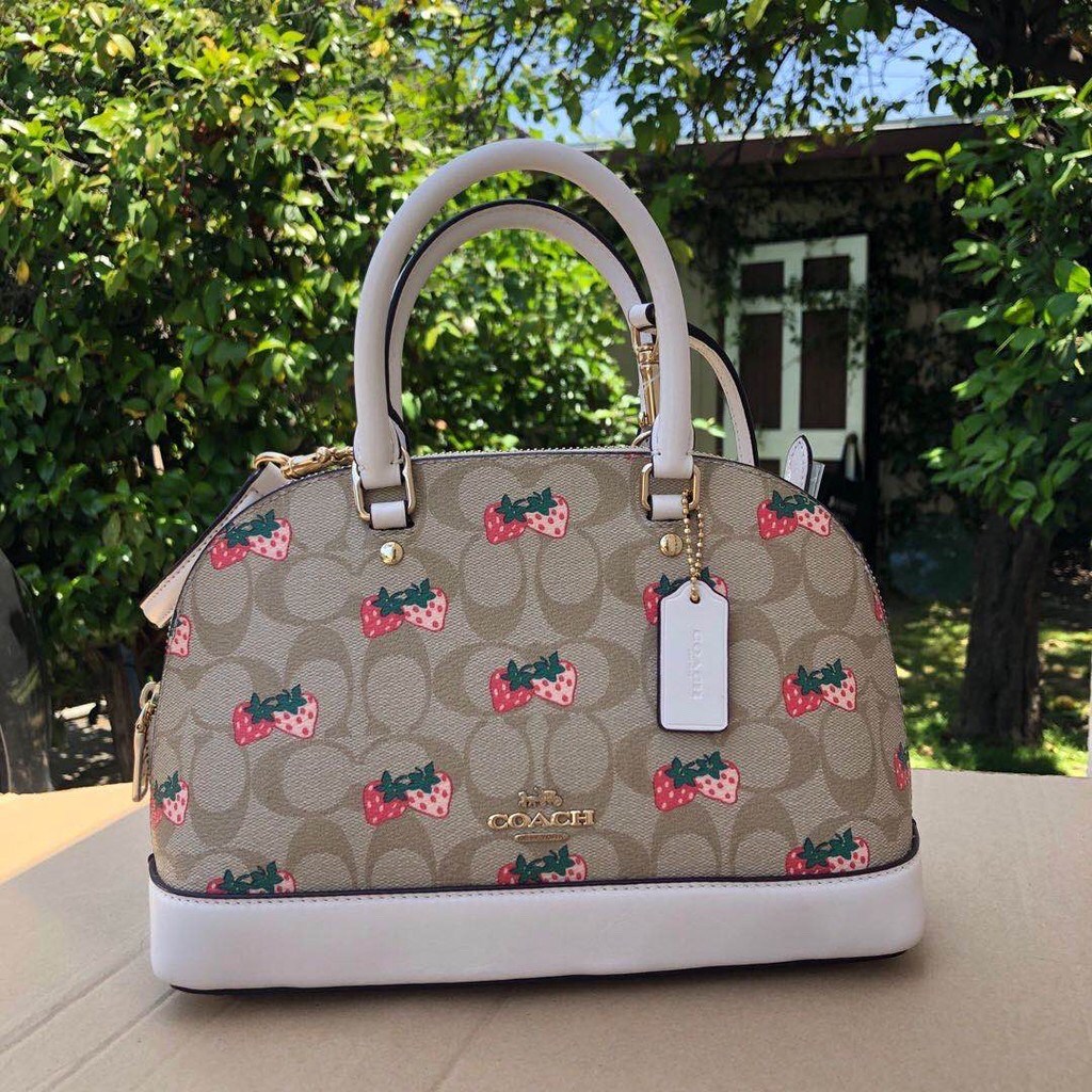 COACH 91514 MINI SIERRA SATCHEL IN SIGNATURE CANVAS WITH STRAWBERRY PRINT สายคุณหนูมารวมตัวกันตรงนี้เลยจ้า!! ละมุนกว่านี้ไม่มีแล้ว กับกระเป๋าทรงโดมสุดคลาสสิค เพิ่มดีเทลลูกเล่นลายสตรอเบอรี่ ให้มีความคิ้วท์แบบไม่เยอะเกินไป ลงตัวพอดี มาพร้อมหูจับในตัวและสายส