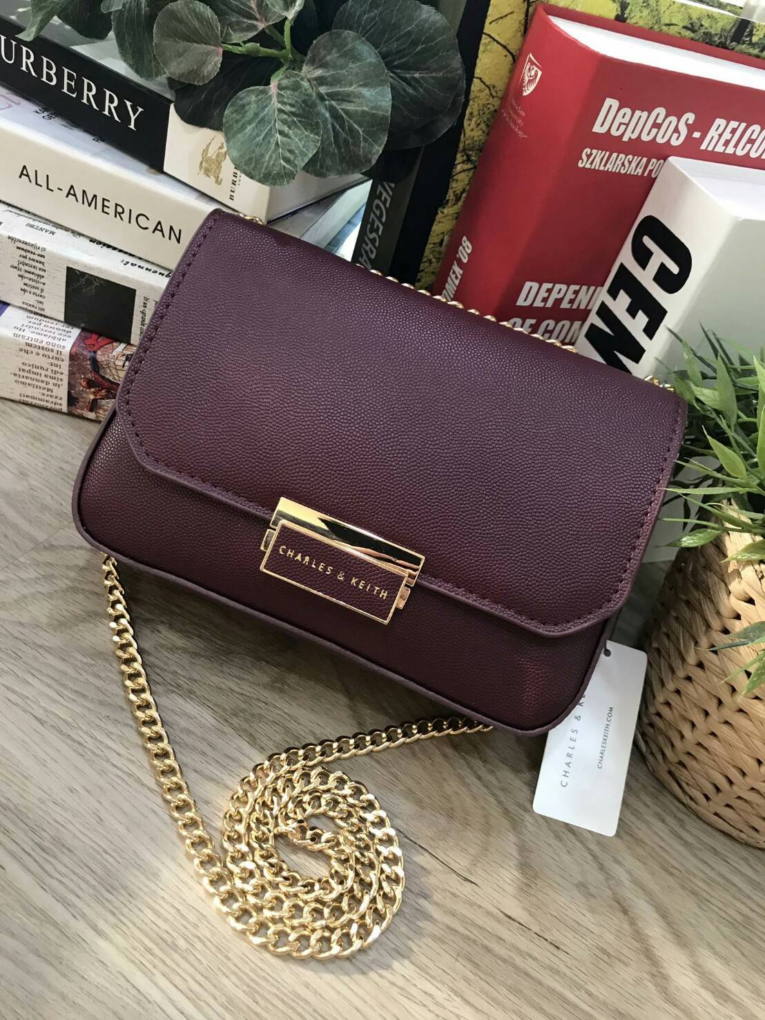 CHARLES & KEITH PUSH-LOCK CHAIN SLING BAG 2018 กระเป๋าสะพายวัสดุหนังคาเวียร์สวยอยู่ทรง ขนาดมินิกำลังดี น้ำหนักเบา เปิดปิดด้วยฝาปิดตัวล็อคปั๊มโลโก้ด้านหน้า ภายใน มีช่องซิป และช่องใส่บัตร มาพร้อมสายสะพายโซ่ยาวสามารถซ้อนสายสั้นสะพายไหล่ หรือสายยาว Crossbodyไ