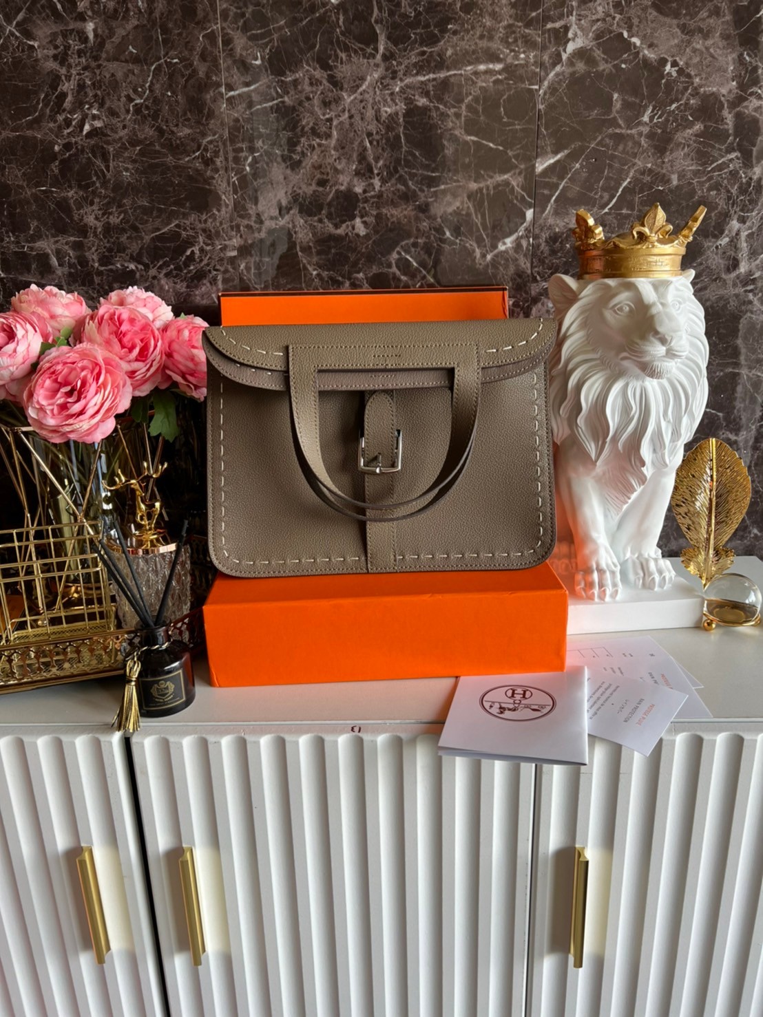 HERMES Halzan Bag Luxury Bag แบรนด์ดังงานหนังแท้สวย เกรดท็อปออริจินอล ภาพสินค้าถ่ายจากงานขายจริง