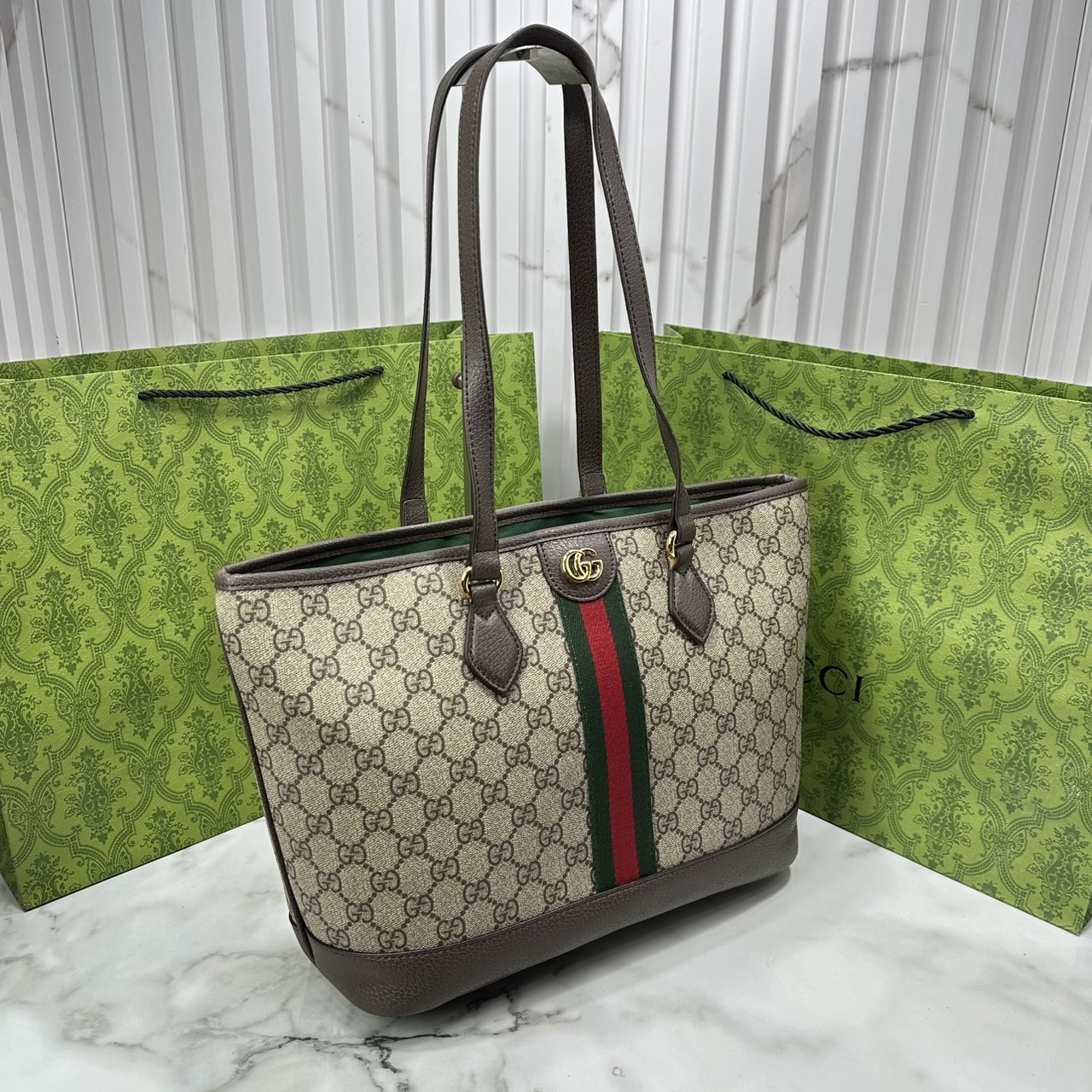 ORI หนังแท้ | Gucci Ophidia medium tote bag GG Monogram Double G / Gucci Tote Bag กระเป๋าสะพายทรงโท้ทใบใหญ่ ภายในโล่งกว้างจุของได้เยอะ