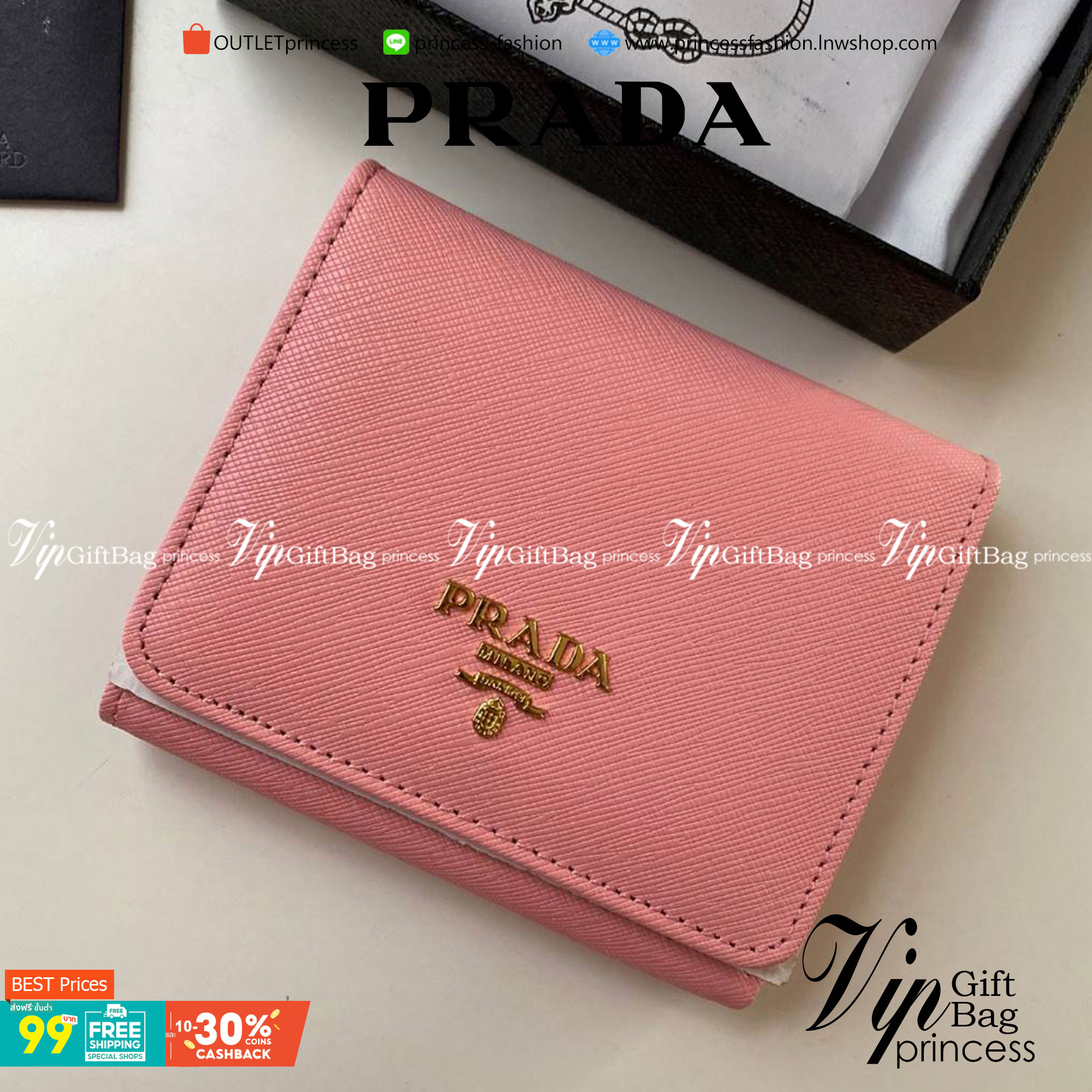 VIP หนังแท้ 】3พับ PRADA Saffiano Metal Tri-Fold Wallet Orchidea