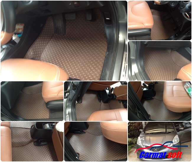 พรมปูพื้นรถยนต์HONDA JAZZ GE ปี2008-14 พรมลายกระดุม สีน้ำตาล เต็มคัน+แผ่นท้าย+ปิดเบาะ