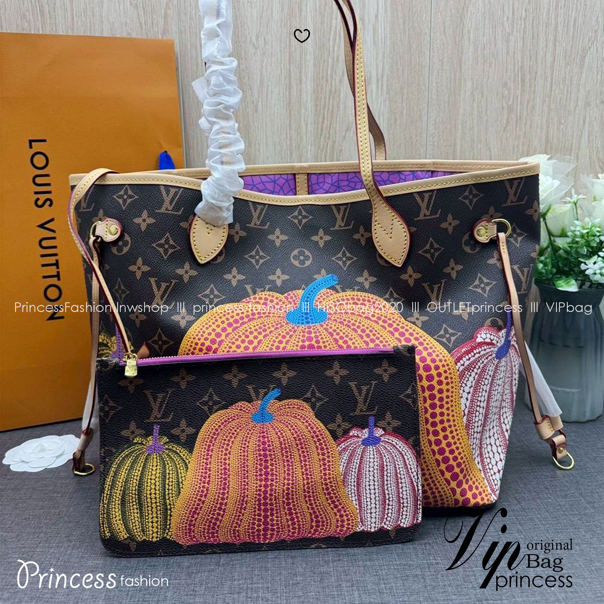 ORI หนังแท้ | LV x YK Neverfull MM Bag Monogram Pumpkin / LV Tote Bag กระเป๋าสะพายทรงโท้ทใบใหญ่ ลายฟักทองหลากสีสดใส