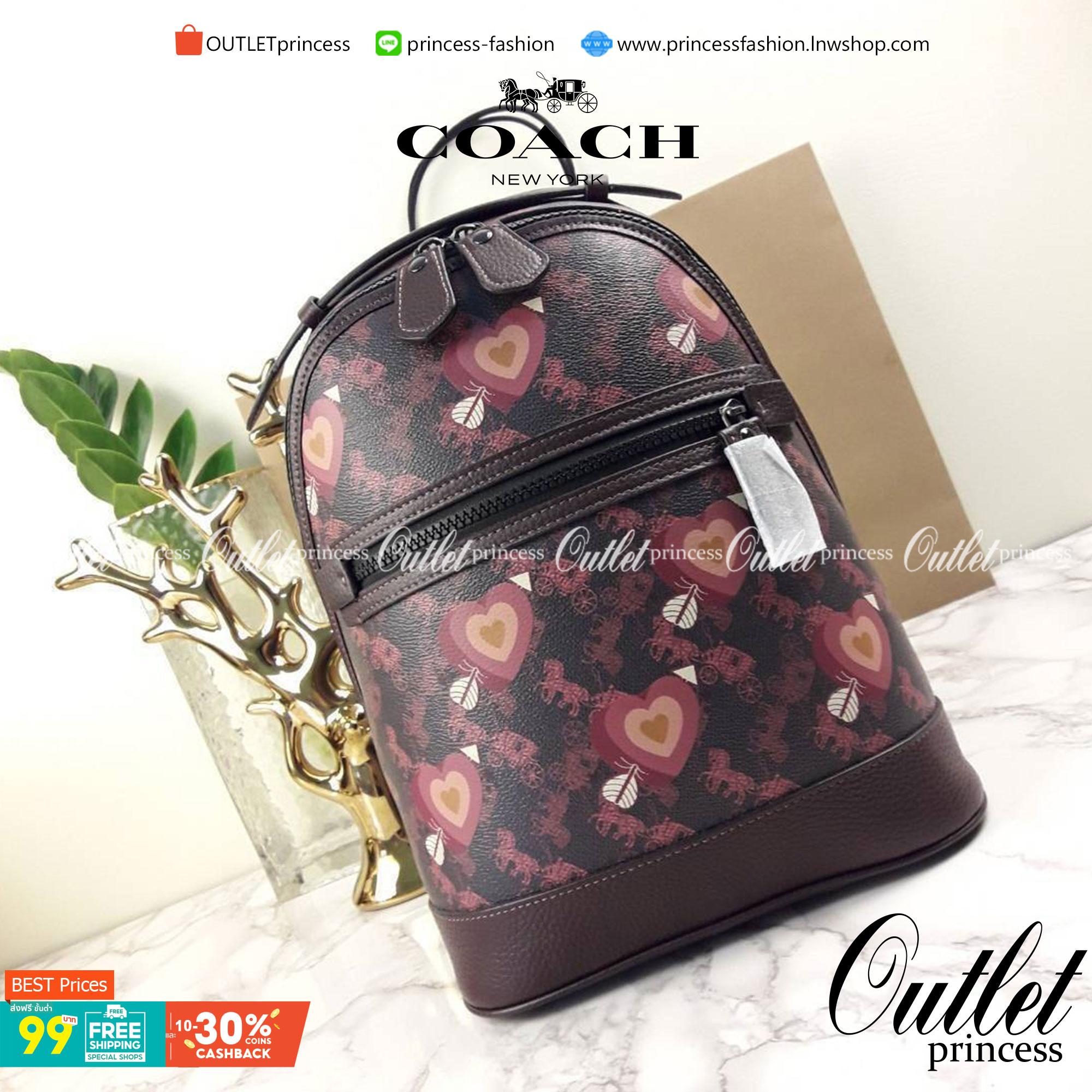 OUTLET 】COACH Barrow Backpack With Horse And Carriage Print And Hearts Oxblood (F79024) โดดเด่น ไม่จำเจ แถมใช้ดีไปอีก< 🌹สวยโดดเด่นอย่างลงตัว💃💃พลาดแล้ว พลาดเลยจ้ารอบนี้ // เป้รุ่นใหม่ canvas ผสมหนังแท้คุณภาพดี หนังนิ่มมือมากๆ ขนา