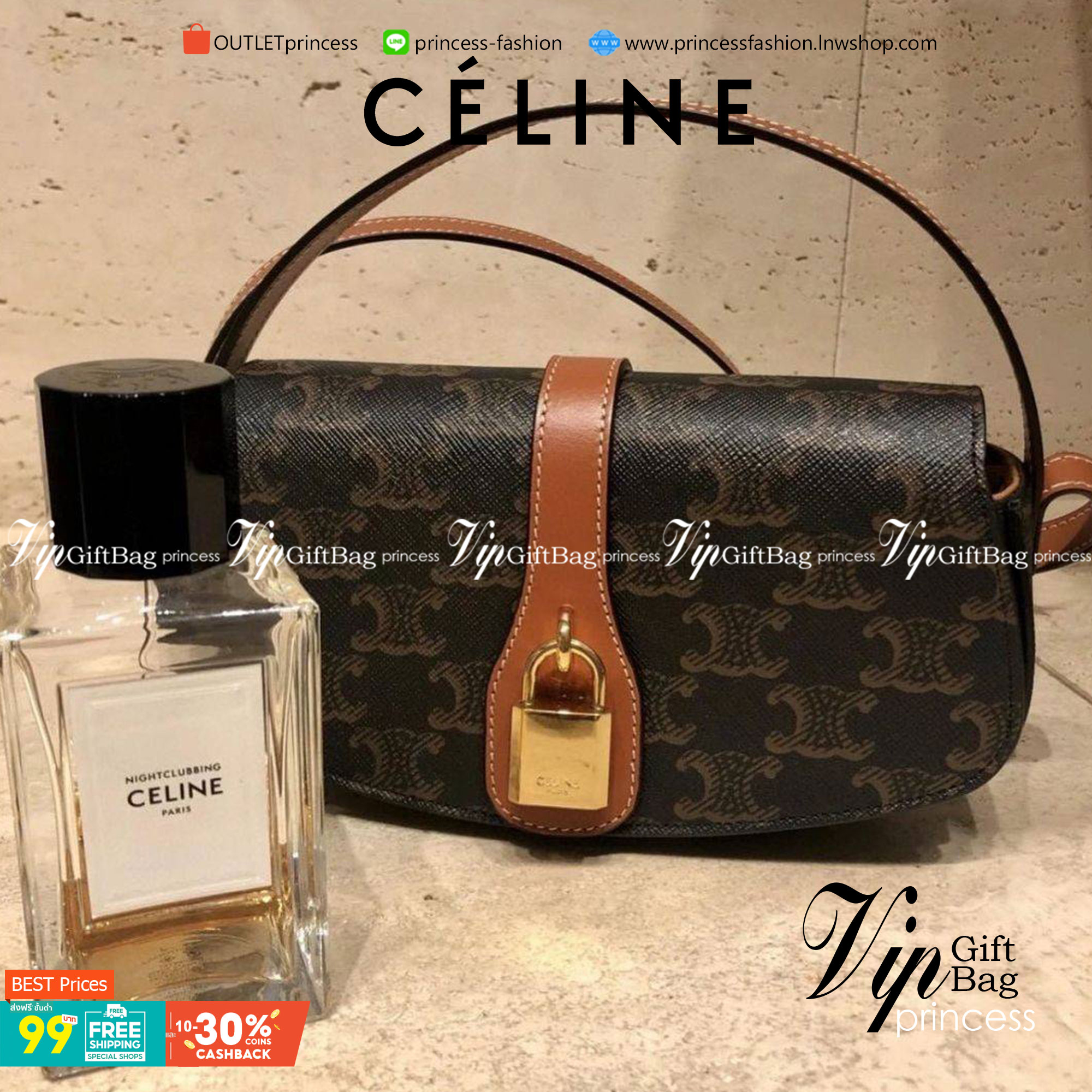 CELINE MINI CROSSBODY BAG VIP GIFT WITH PURCHASE (GWP) กระเป๋าพรีเมี่ยมกิ๊ฟ Limited Edition จาก CELINE PARFUME DUTYFREE COUNTER วัสดุ TRIOMPHE CANVAS ดีไซน์สุดคลาสสิคเปิดปิดด้วยฝาปิดแม่เหล็ก ด้านหน้าตกแต่งด้วยแม่กุญเเจแบรนด์สามารถใช้งานจริงได้ ภายในโล่งมี