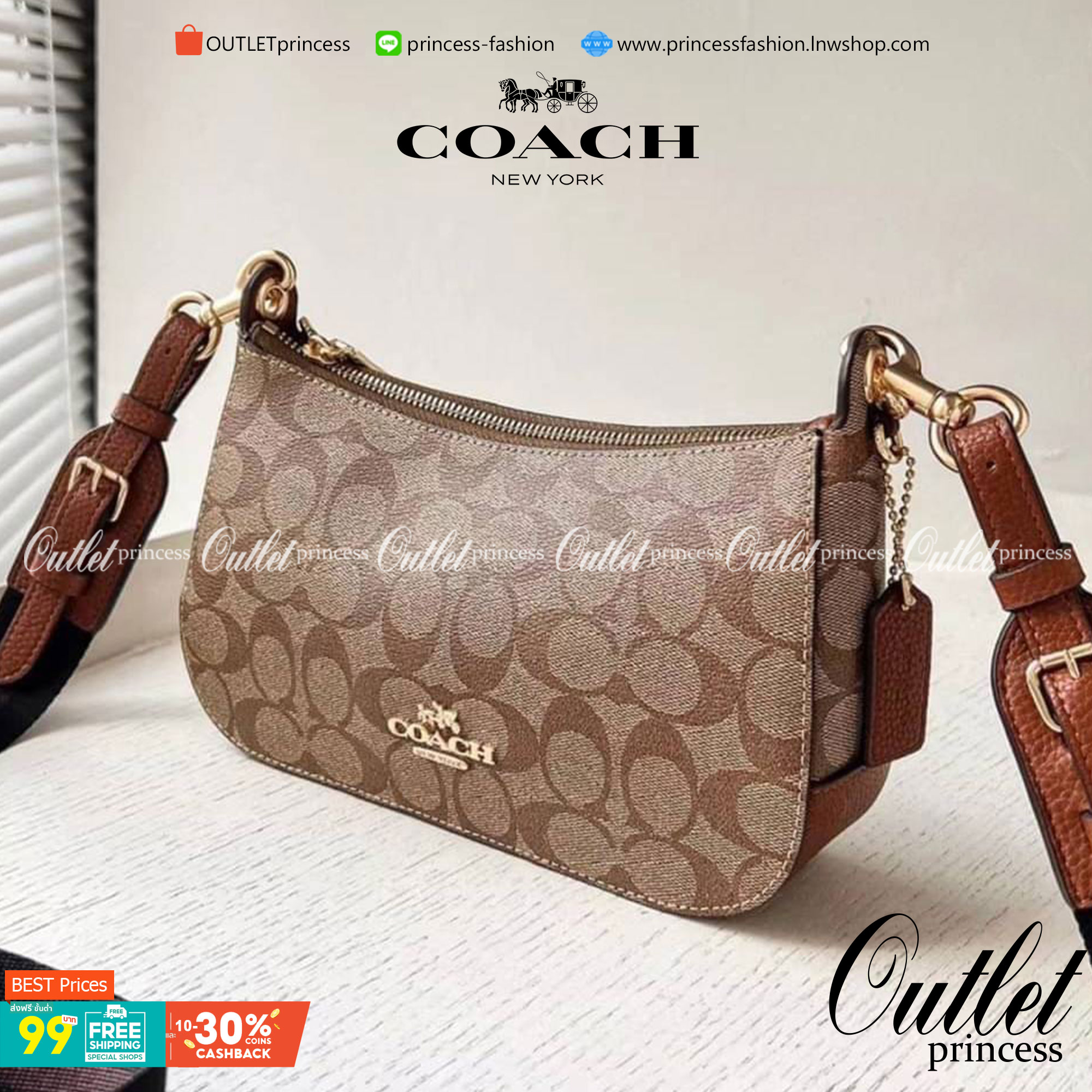 OUTLET 】COACH JES BAGUETTE IN SIGNATURE CANVAS (C7264) GOLD/KHAKI SADDLE สินค้าพร้อมส่งที่ไทย