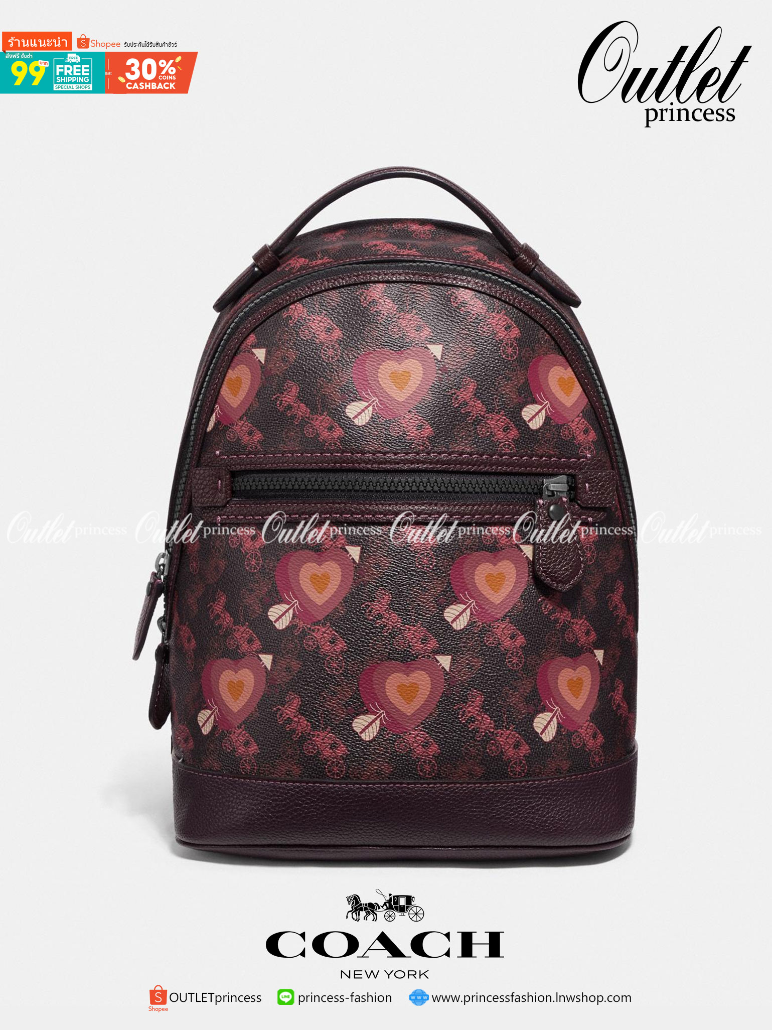 OUTLET 】COACH Barrow Backpack With Horse And Carriage Print And Hearts Oxblood (F79024) โดดเด่น ไม่จำเจ แถมใช้ดีไปอีก< 🌹สวยโดดเด่นอย่างลงตัว💃💃พลาดแล้ว พลาดเลยจ้ารอบนี้ // เป้รุ่นใหม่ canvas ผสมหนังแท้คุณภาพดี หนังนิ่มมือมากๆ ขนา