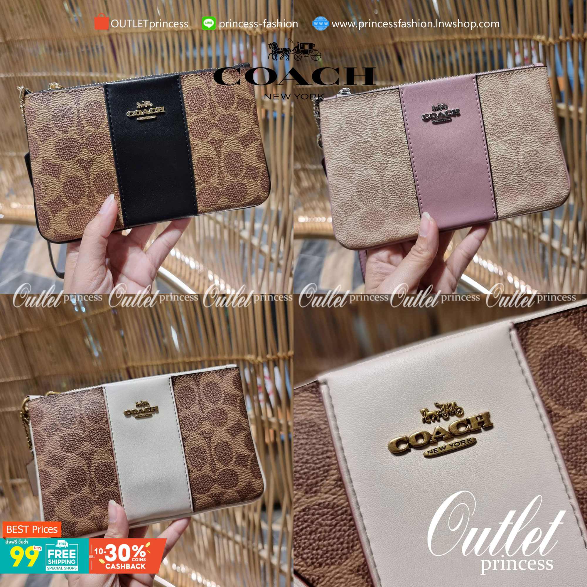 COACH 32445 SMALL WRISLET IN COLORBLOCK SIGNATURE CANVAS คอลเลคชั่นคัลเลอร์บล็อคสวยหรู ในรูปแบบกระเป๋าคล้องมือ ขนาดพกพา ไซส์กำลังสวยมากๆ พกง่ายไปเลยจ้า วัสดุหนังแคนวาส ตัดหนังแท้ ภายในโล่ง มีช่องใส่บัตร ตอบโจทย์สาวๆที่ไม่ชอบความพะรุงพะรัง พกใบนี้คือสะดวกส